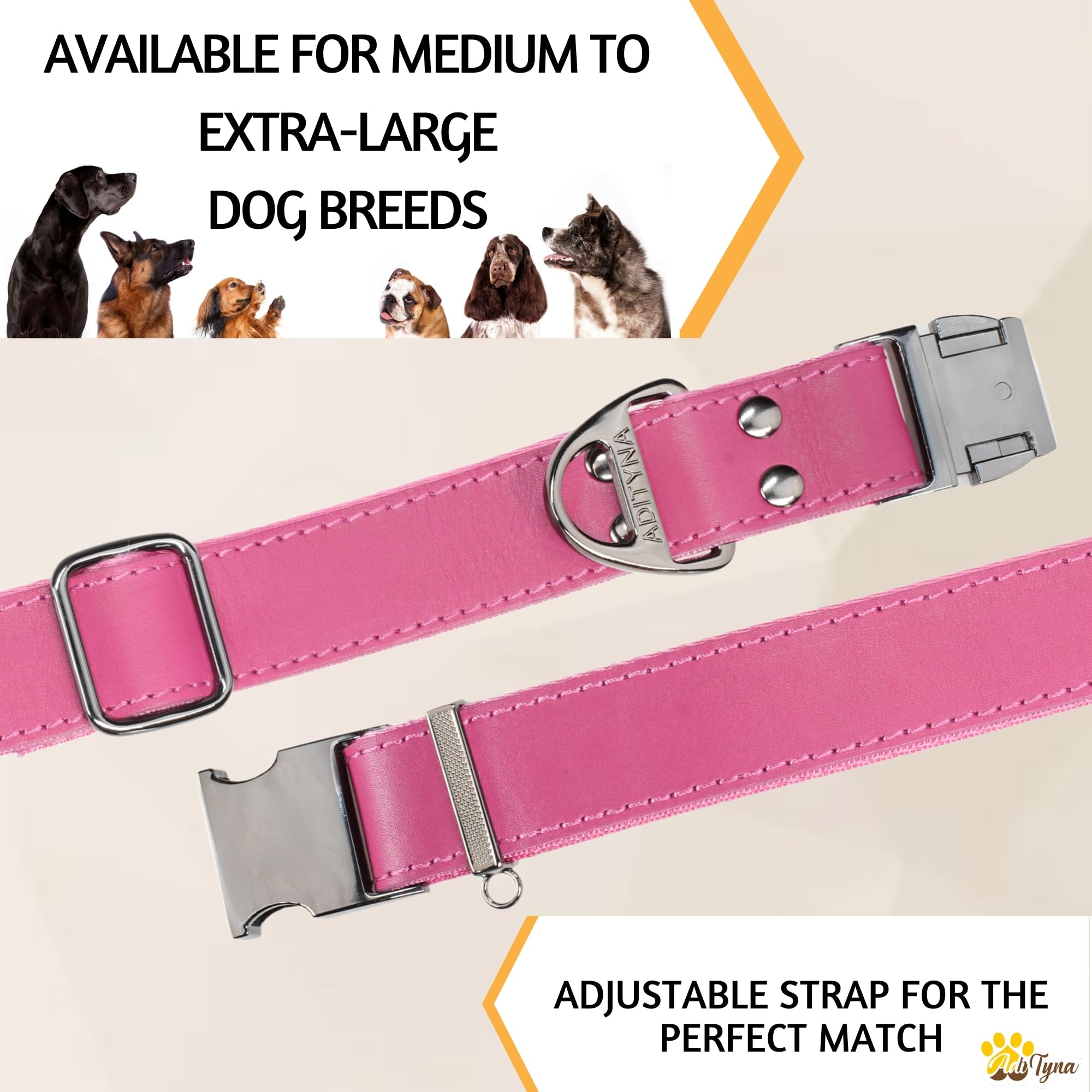 ADITYNA Pink Leather Dog Collar with Metal Buckle - Heavy-Duty, Adjustable for Medium & Large Girl Dogs (Pink, Fits 15-21'' Neck