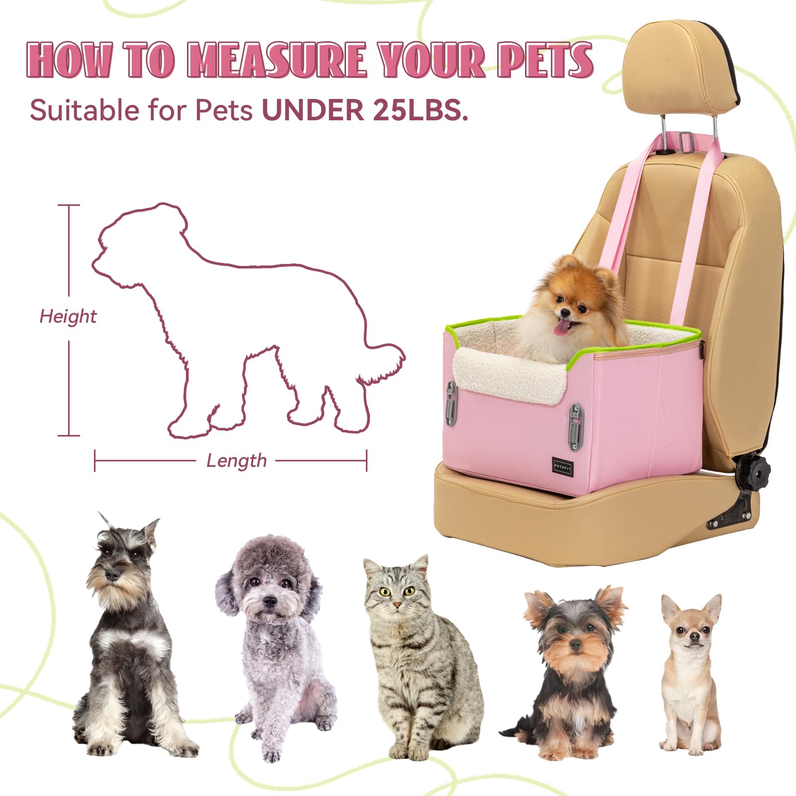 Petsfit Small Dog Car Seat, Puppy Portable Dog Booster Seat For Car With Clip-On Leash, Adjustable Straps Suitable For Small Pets Up To 25Lbs (Pink)