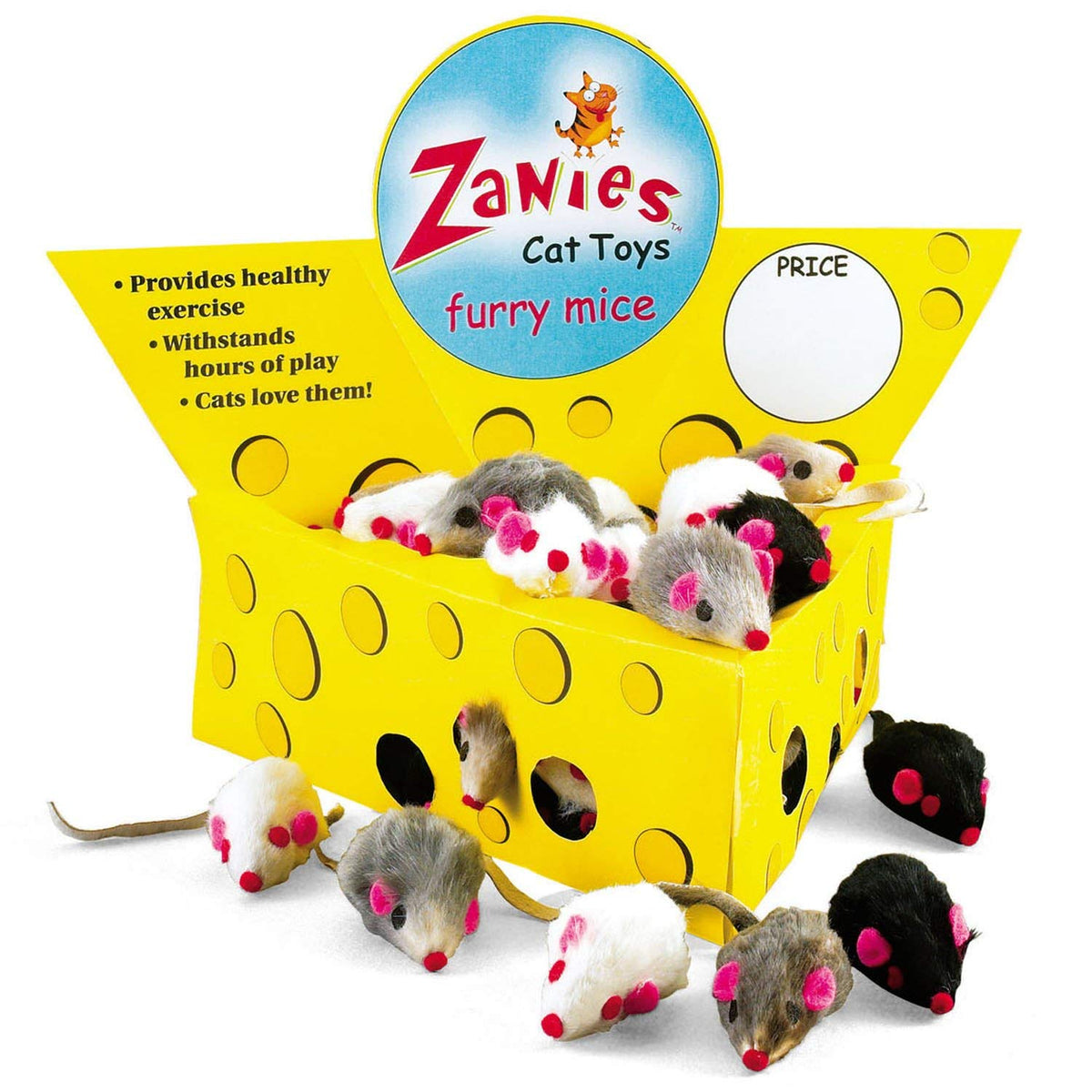 Pet Edge Zanies Cheese Wedge Display Box With 60 Furry Mice Toys For Cats – Mouse Measures 3” In Length Including Tail