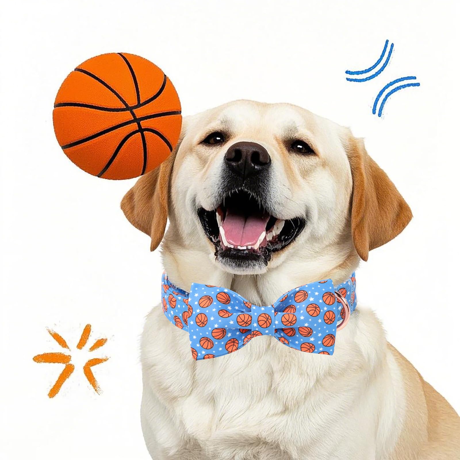 Babole Pet Cute Boy Dog Collar With Bow Tie - Adjustable Blue Basketball Bowtie Collar Spring-Summer Breathable Comfort Dog Coll