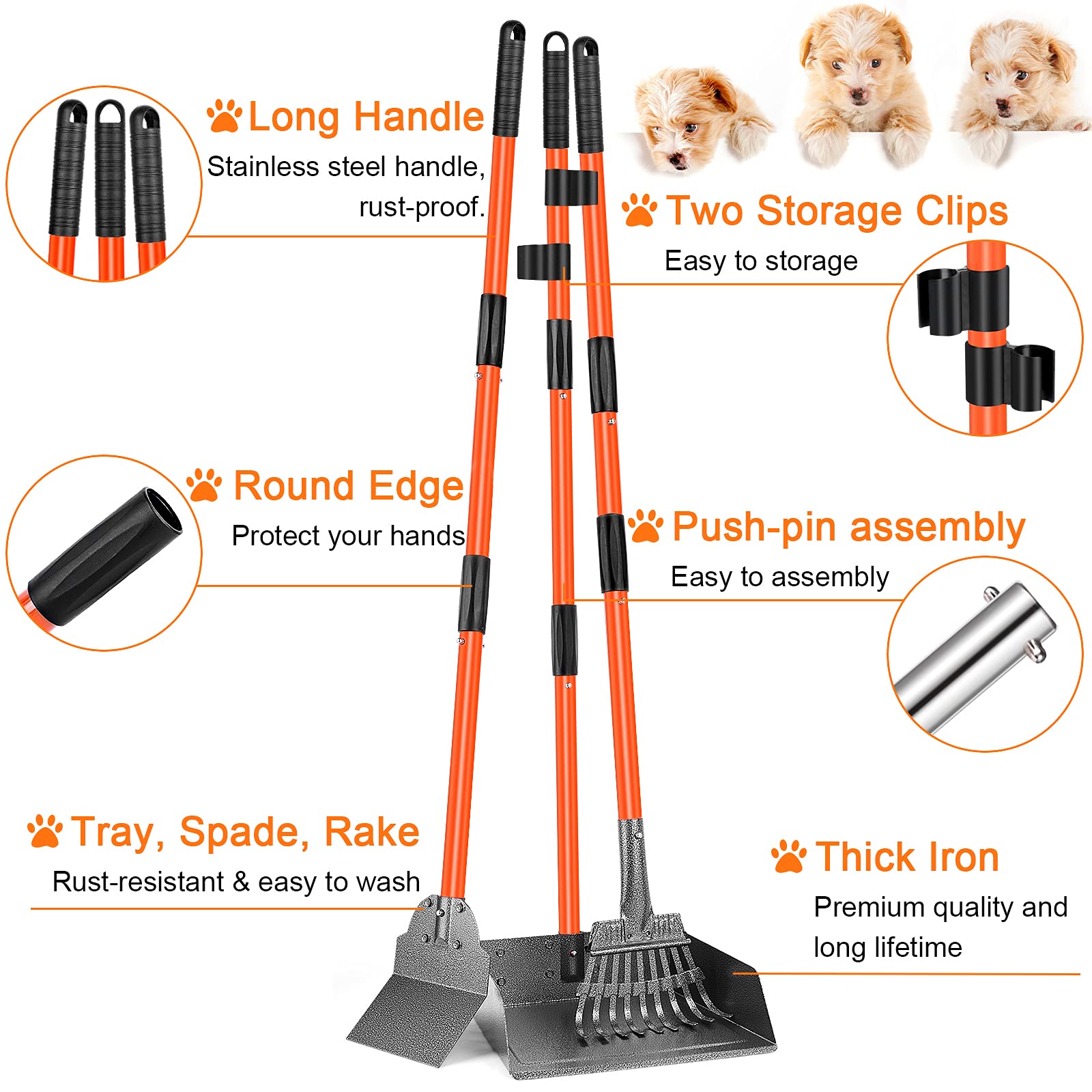 Dog Pooper Scooper, Adjustable Long Handle Metal Tray, Rake And Spade Poop Scooper For Dogs, 3 Pack Poop Scoop Pet Waste Removal Poop Scoop For Large Dogs And Pets, Great For Lawns, Grass, Gravel