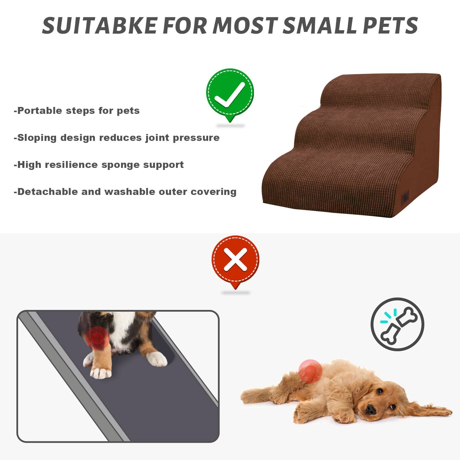 3-Step Dog Ramp and Stairs for Sofa and Chair - Non-Slip Sturdy Pet Steps for Small Dogs and Cats,15.7  H,Brown