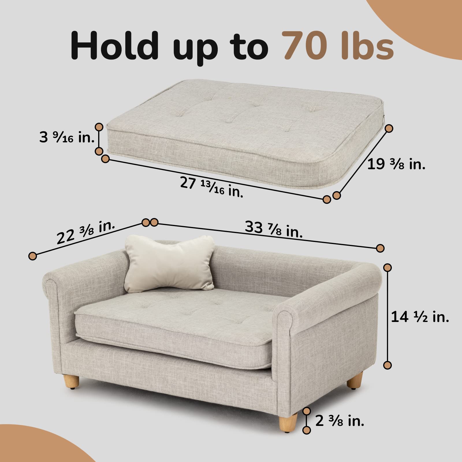 Dcee Dog Sofa Bed, 33 Inch Light Gray Couch For Medium Dogs Up To 70 Lbs, Offering Soft Velvety Comfort, Joint Support, And A Wa