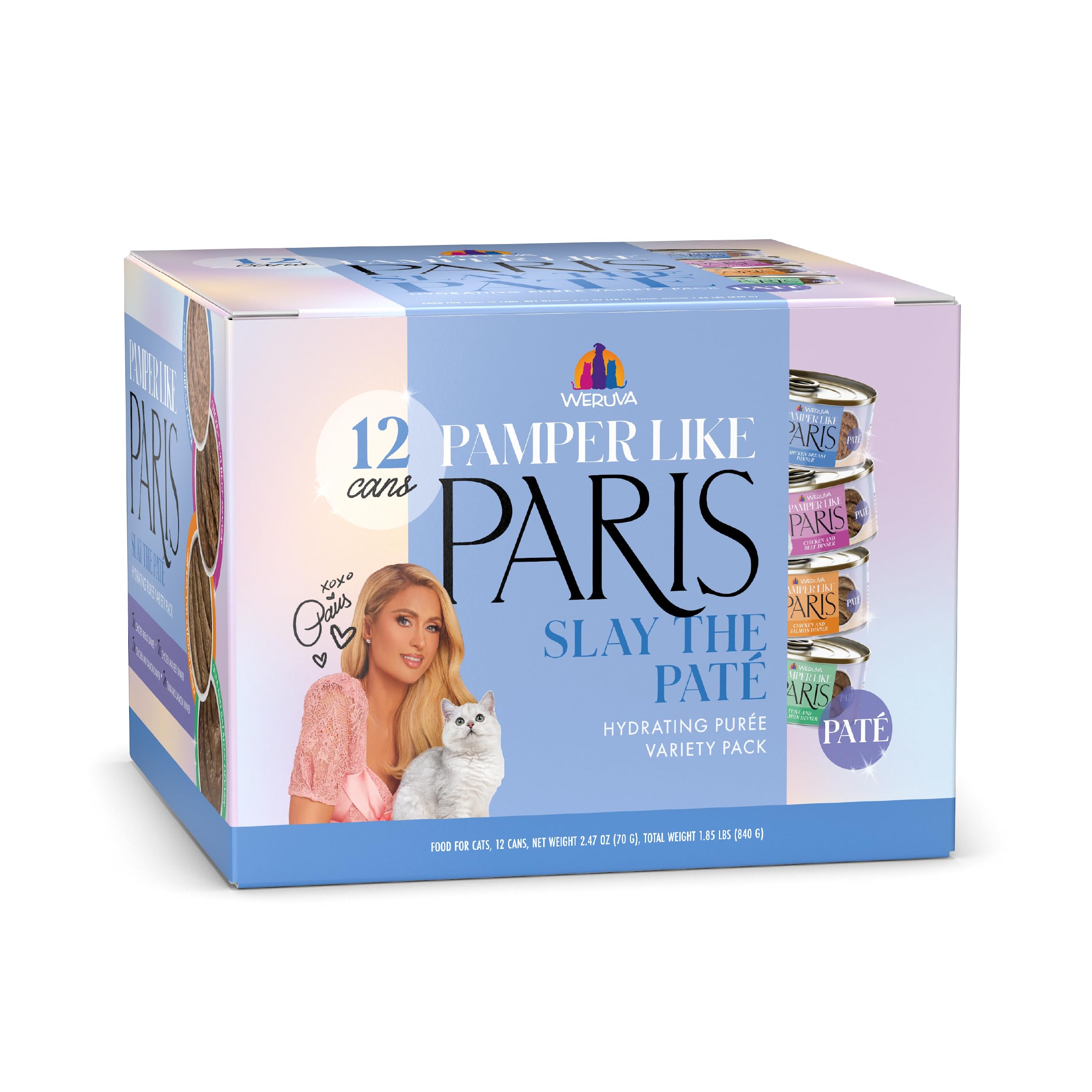 Weruva Paris Hilton Pamper Like Paris Natural Grain Free Wet Cat Food, Slay The Pat   Variety Pack, 2.47oz Can (Pack of 12)