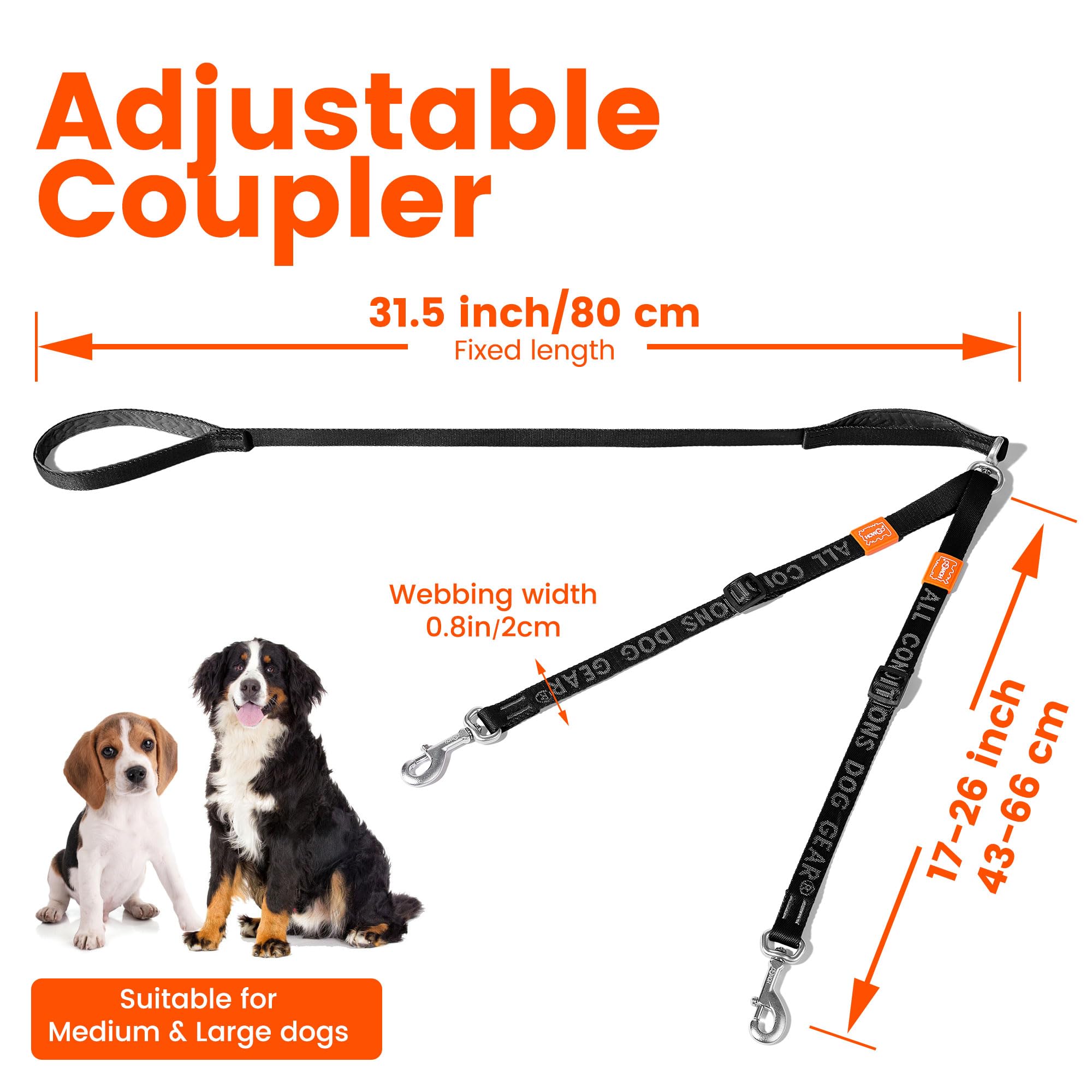 Howgo Double Dog Leash, No Tangle 360 Swivel, Adjustable Two Padded Handles, Double Clip Dog Leash Coupler Splitter For Large An