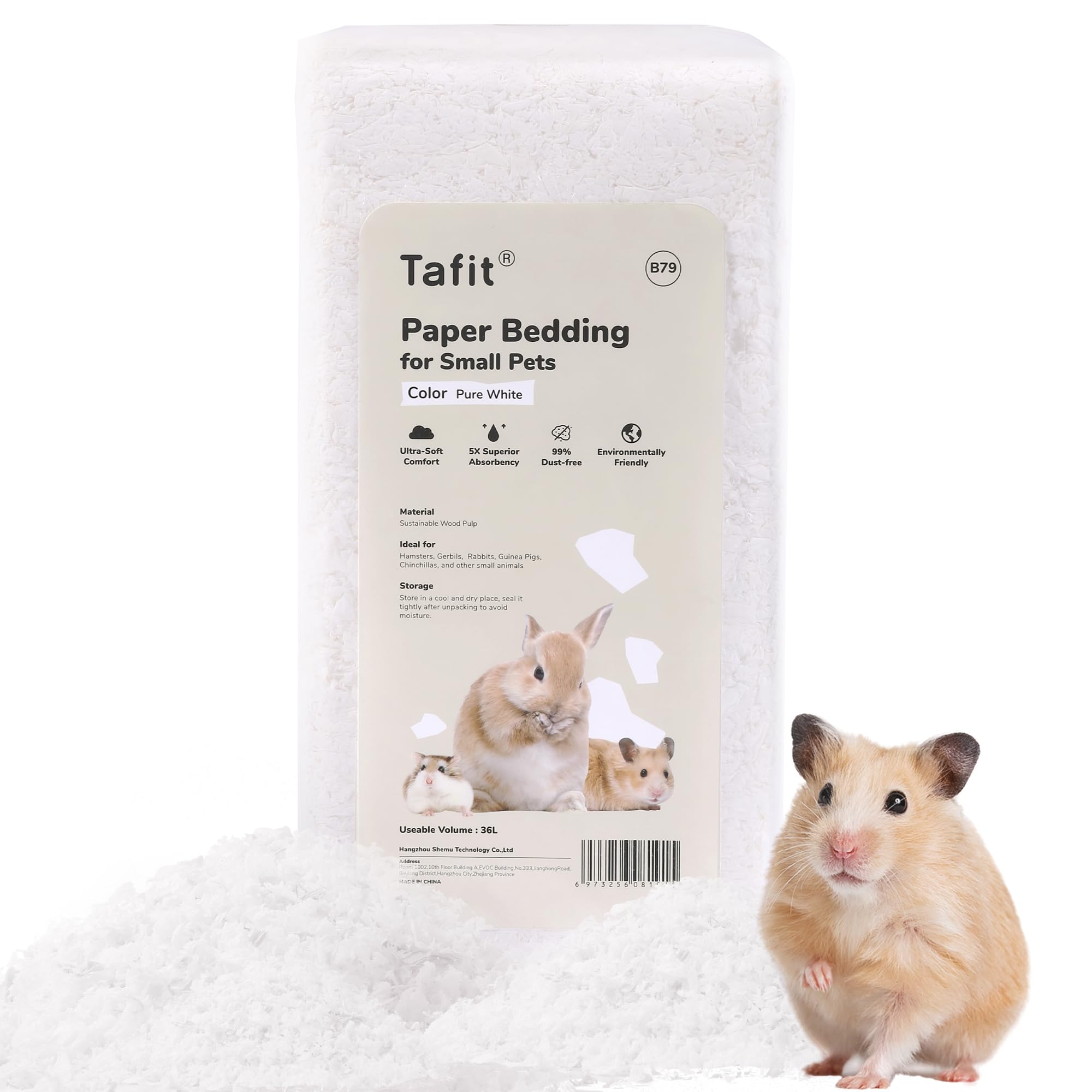 Tafit Dust-Free Soft Natural Paper Hamster Bedding With Odor Control, Strong Absorption, 36 Liters, For Hamster, Guinea Pig, Rab