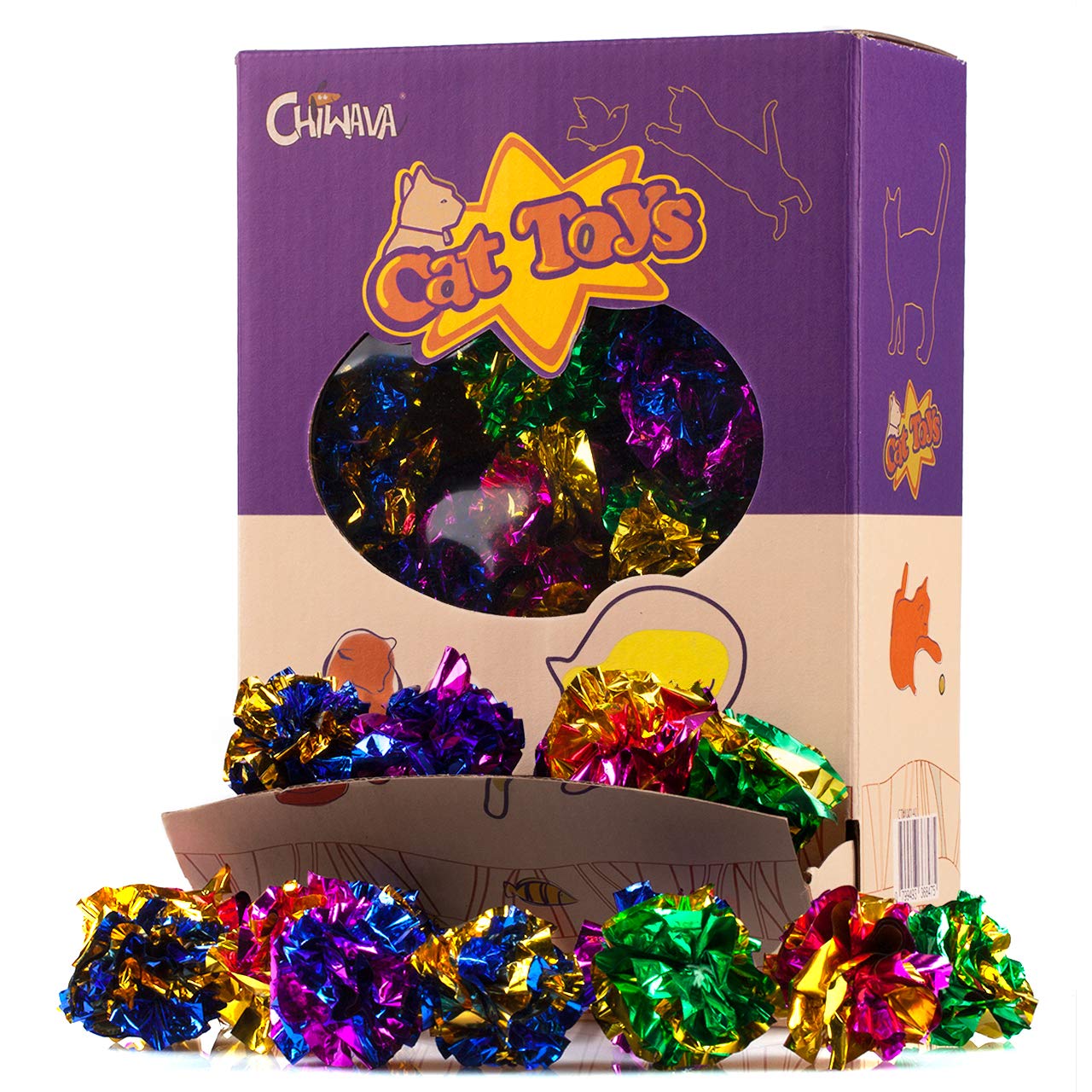 Chiwava 45Pcs 1.6'' Mylar Balls Cat Toy Shiny Crinkle Ball Kitten Crackle Lightweight Play Assorted Color