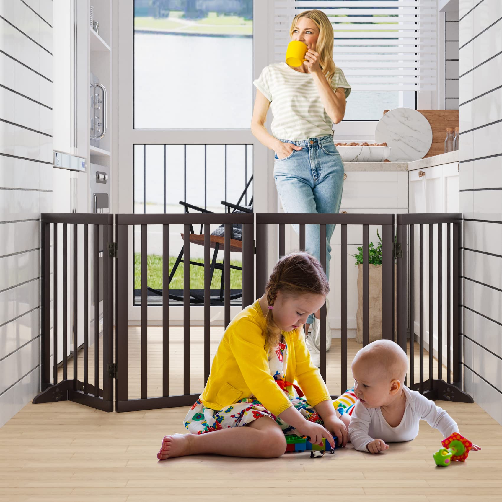 Semiocthome Freestanding Dog Gates for The House, Doorways, Stairs with 2PCS Support Feet, Foldable 4-Panel Pet Gates for Dogs,
