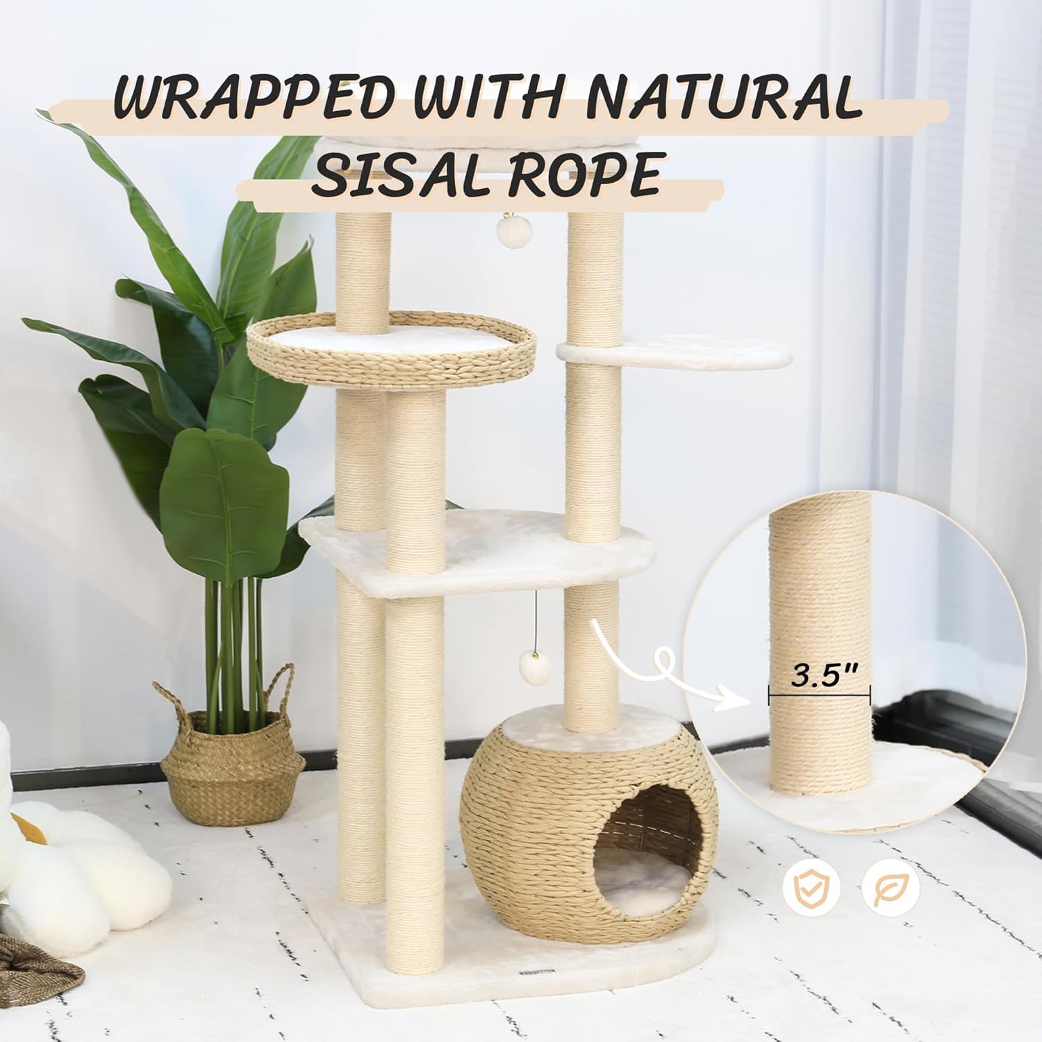 Kamaboko Modern Cat Tree, 53' Cat Tower For Indoor Cats Natural Sisal Scratching Posts, Hand-Woven Condo & Top Perch, Cat Tree