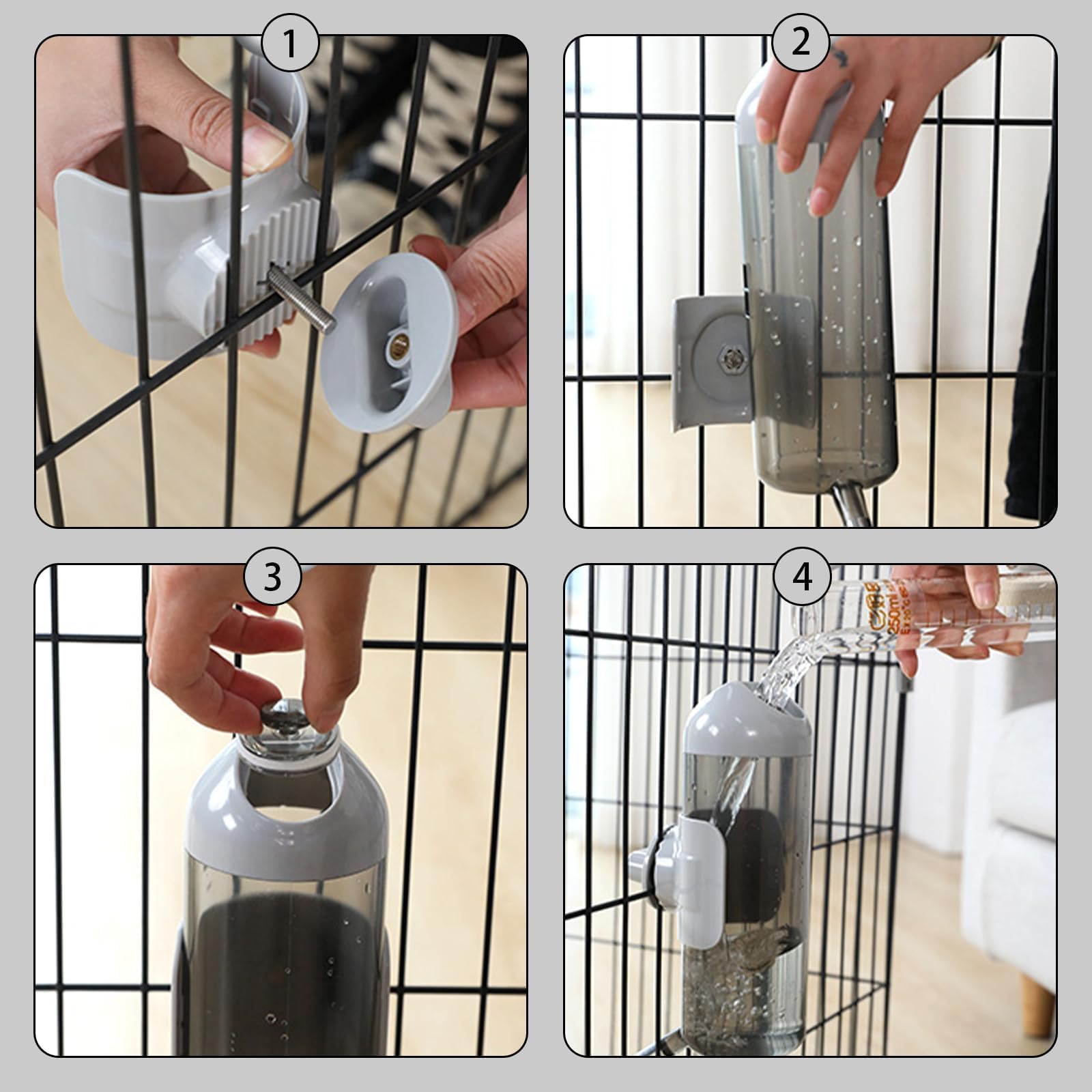 Pet Water Bottle Hanging Dog Water Dispenser Kennel Drinker Kettle Feeder Bpa Free Cage Crate Hutch Puppy Cat Rabbit (24Oz, Gray)