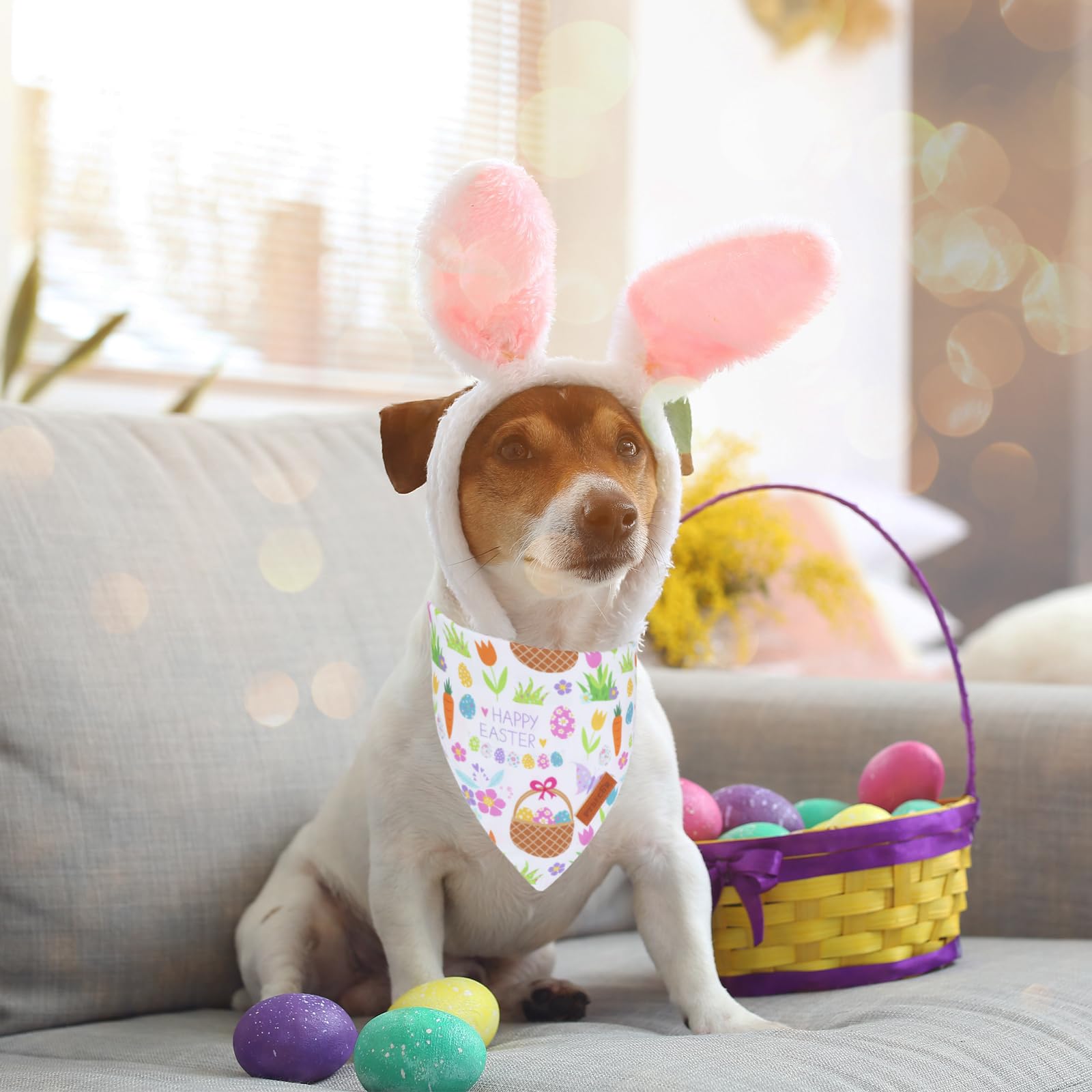 Ptdecor Easter Dog Bandana, Reversible Rabbit Easter Egg Dog Scarf, Multi Size, White Green Bandanas For Medium Large Dogs Pets