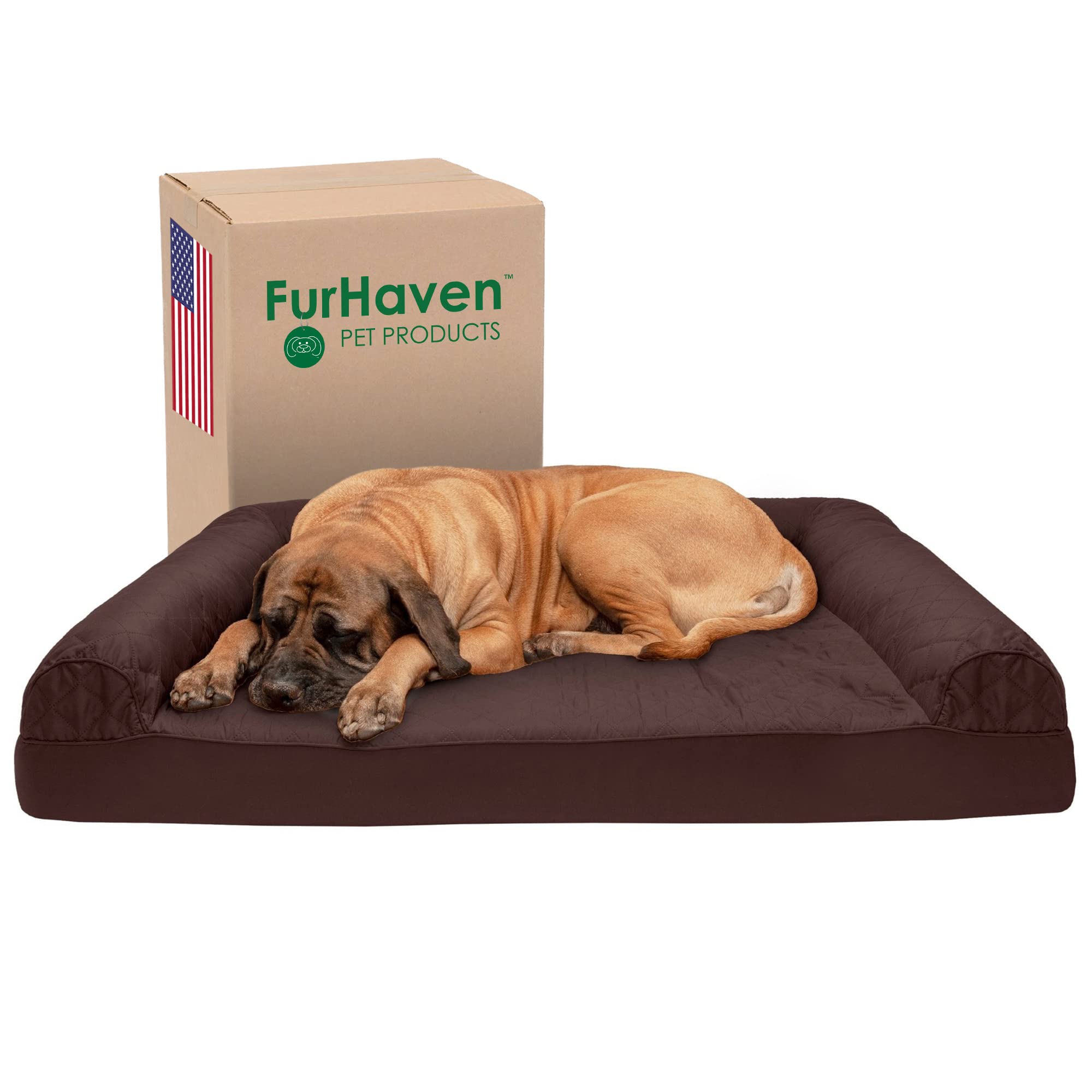 Furhaven Cooling Gel Dog Bed For Large Dogs W/ Removable Bolsters & Washable Cover, For Dogs Up To 125 Lbs - Quilted Sofa - Coff