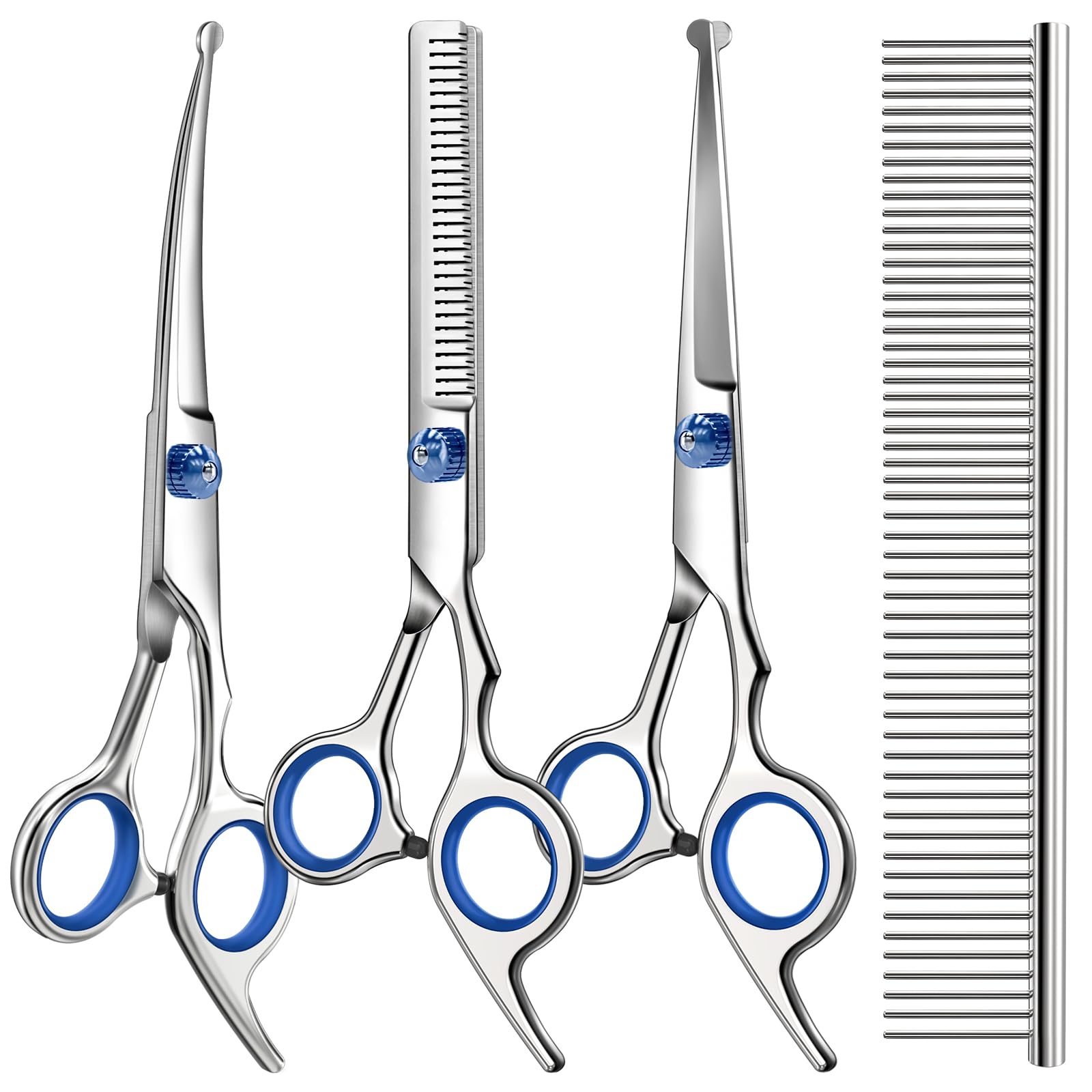 Professional 4 in 1 Dog & Cat Grooming Scissors Kit with Safety Round Tips,Sharp & Durable,Dog Shears for Grooming - Includes St