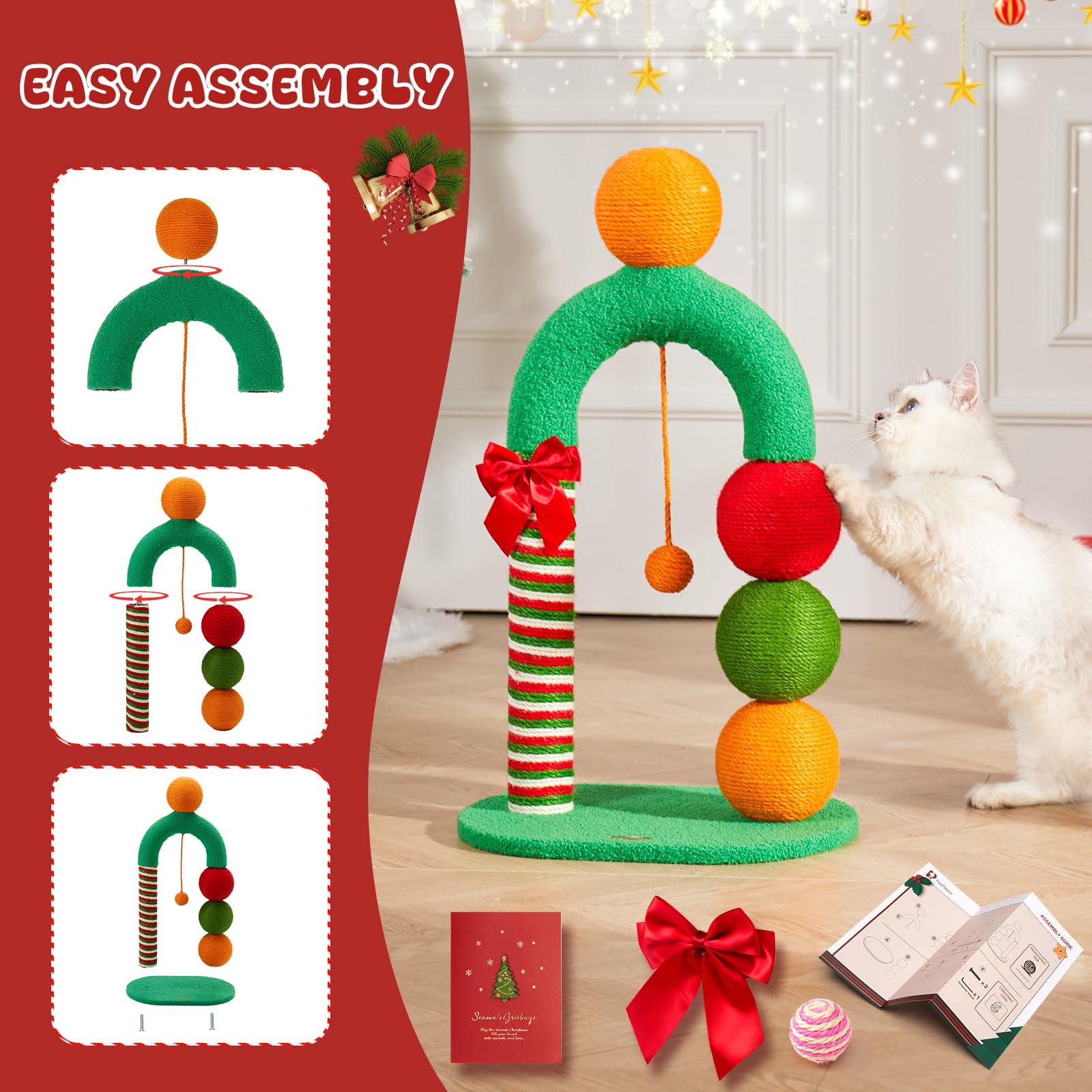 Pawpalace Durable Cat Scratching Post, Natural Sisal Cat Scratcher For Indoor Cats And Kittens, Cat Post With Dangling Ball, Eas