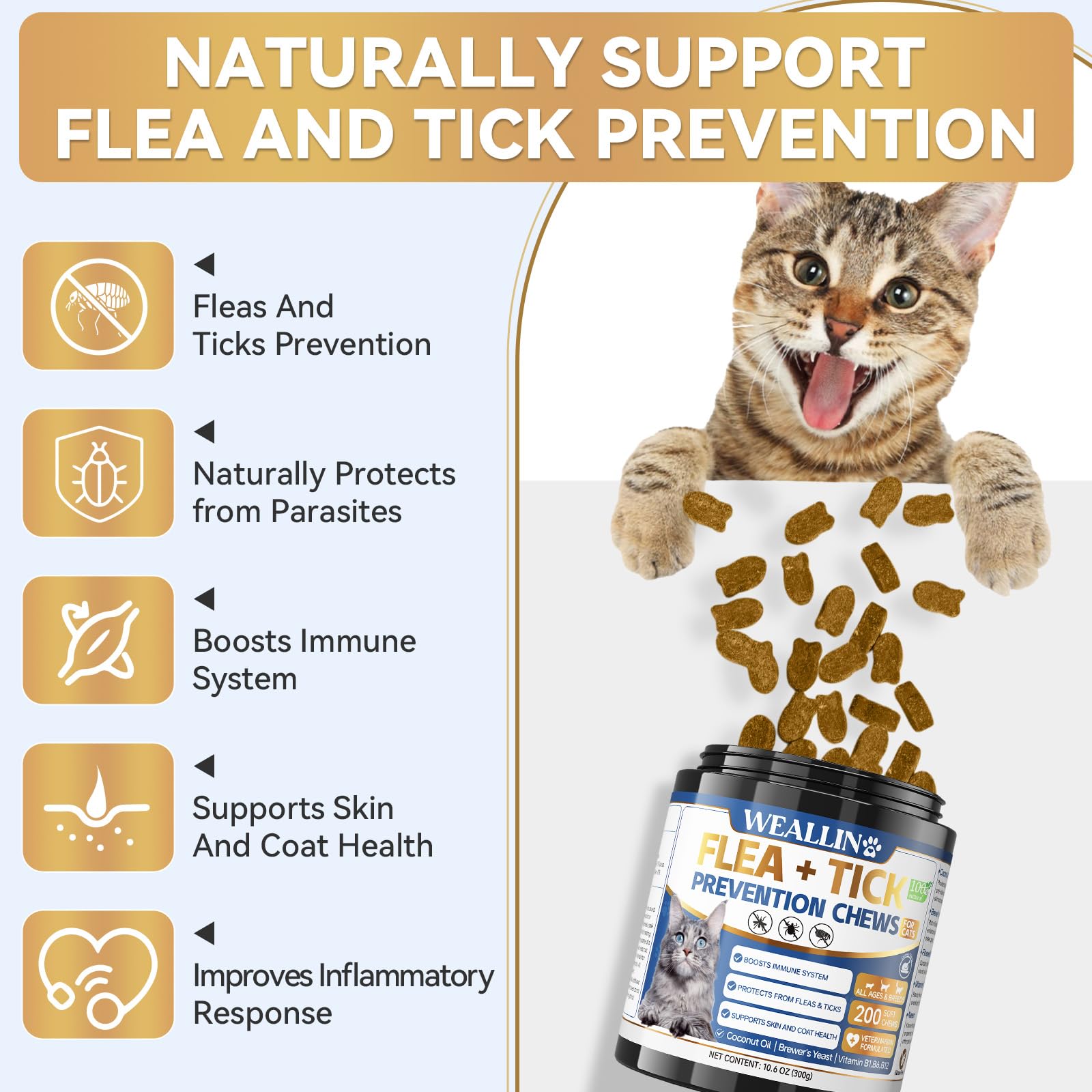 Flea and Tick Prevention for Cats, 200 Soft Chews for Fleas Treatment for Cats, Natural Cat Oral Flea Chewables Support Suppleme