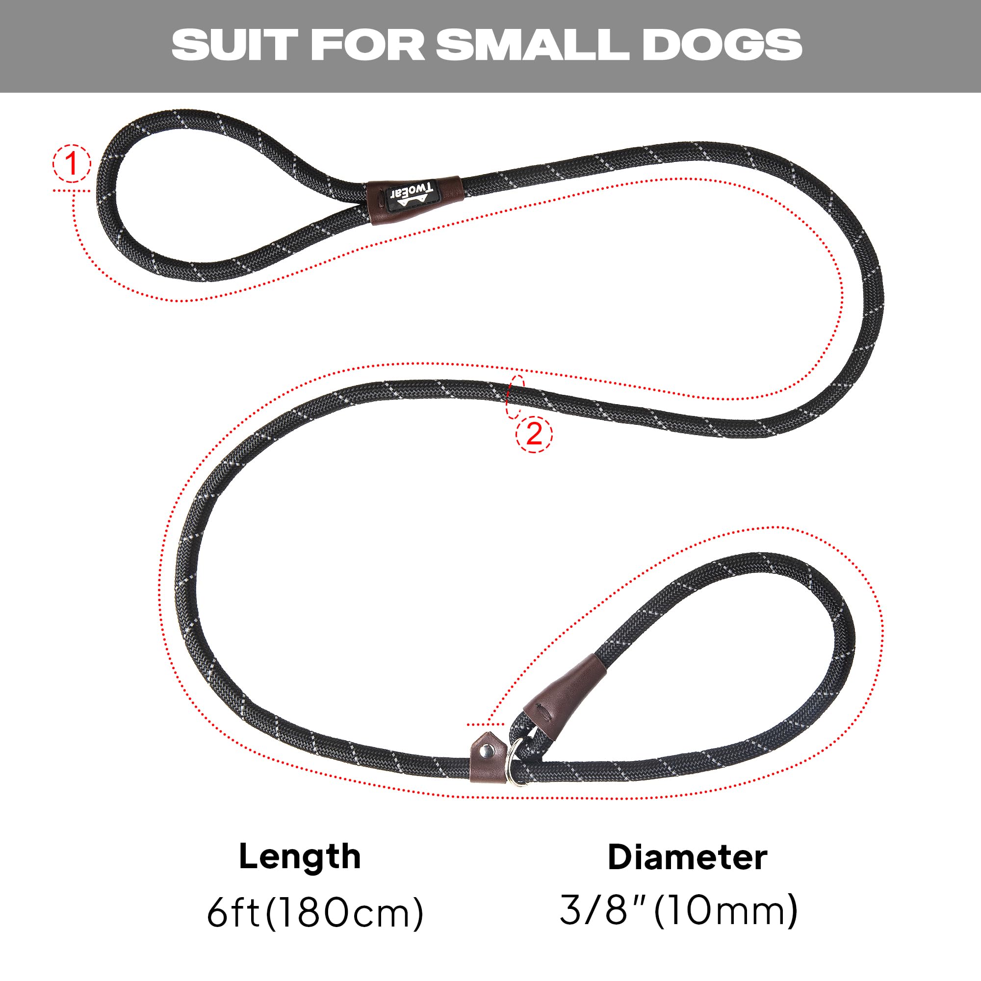 Twoear Dog Leash Dog Slip Rope Leash 6Ft Dog Training Leash Heavy Duty Strong Slip Lead Highly Reflective Threads For Small Medium And Large Dogs (Slim(3/8''X6Ft), Black)