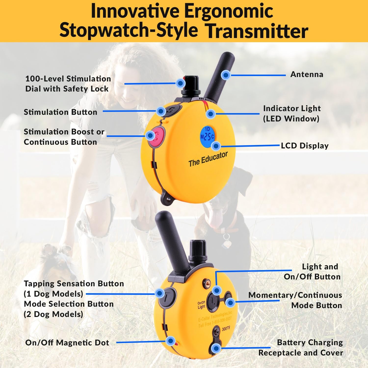 Educator E-Collar Humane Dog Training Collar With Remote, Features 100 Levels Of Safe Stimulation, Tapping Sensation, Night Light, Waterproof, Rechargeable, 3/4 Mile 1 Dog, Yellow