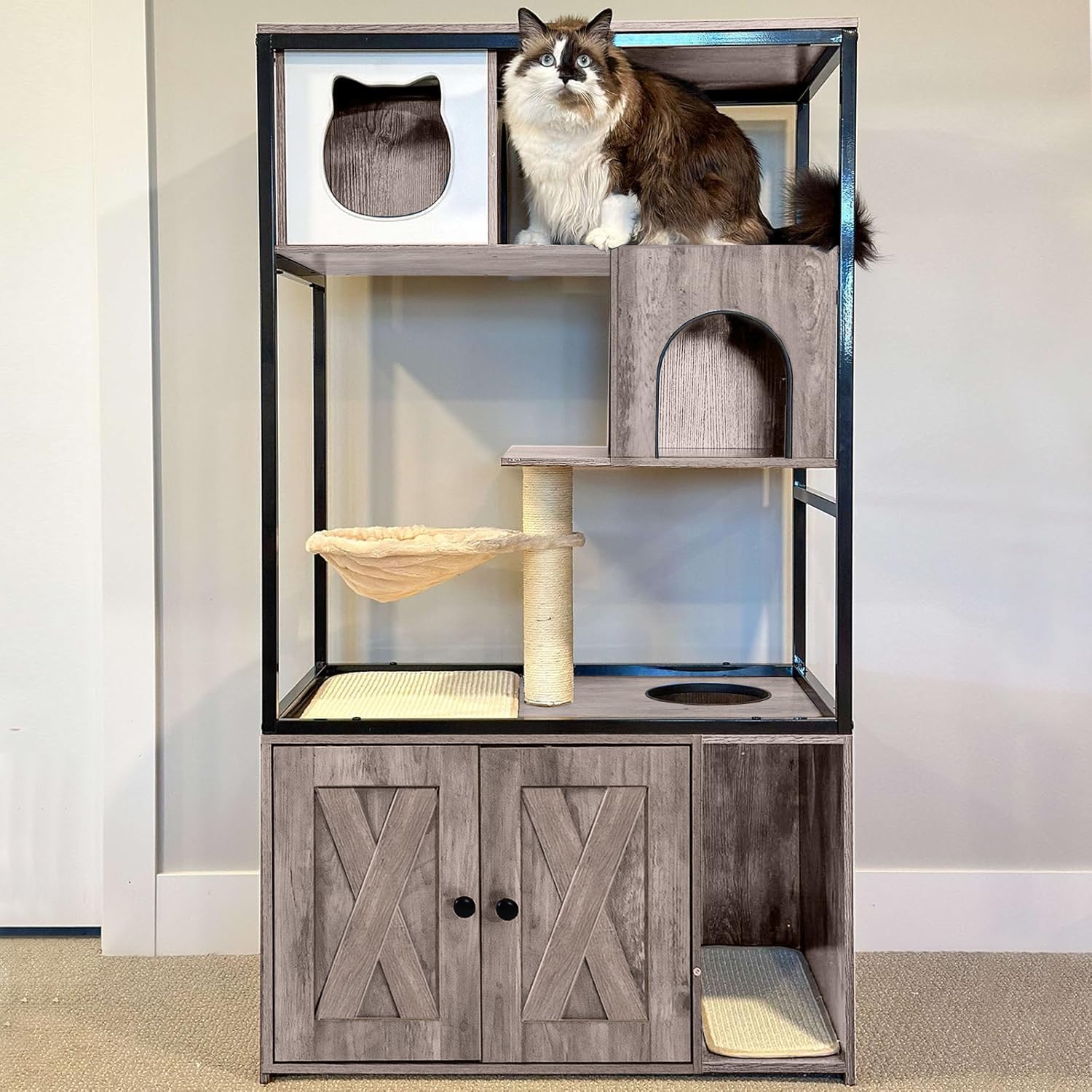 Cat Litter Box Furniture Kitty Enclosure 4 Levels Cat House Hidden Cabinet With Storage And Scratch,Cat Tree