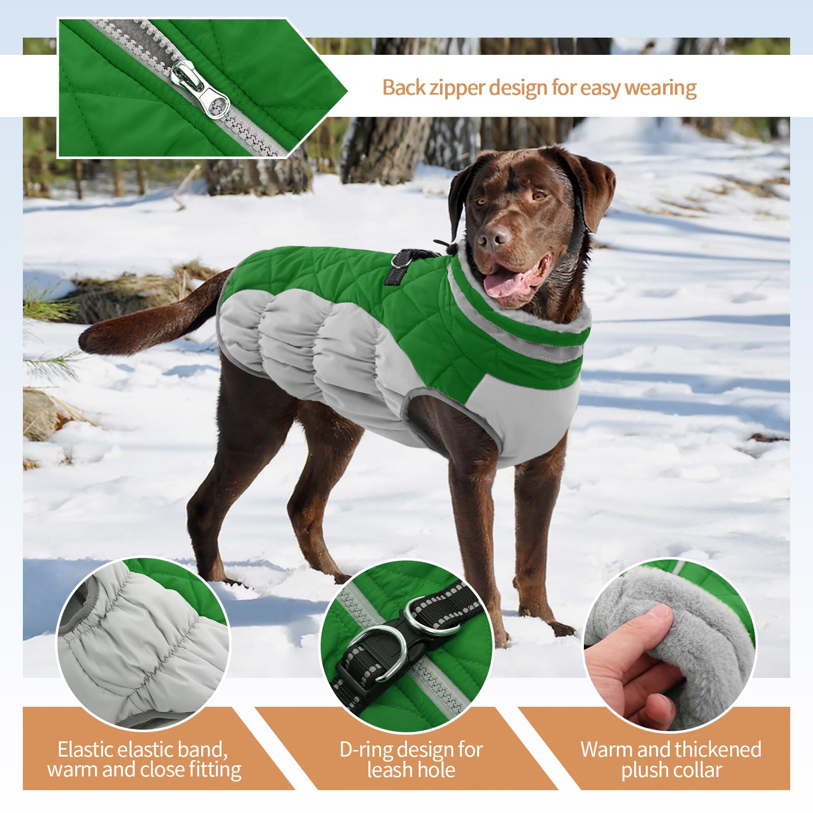 Ouobob Dog Jackets For Medium Dogs,Medium Dog Coat,Warm Dog Winter Coat Zip Up Back,Waterproof Dog Jacket With D-Ring,Dog Cold Weather Coats With Fleece Lined, Dog Snowsuit Pug Boston Terrier Green M