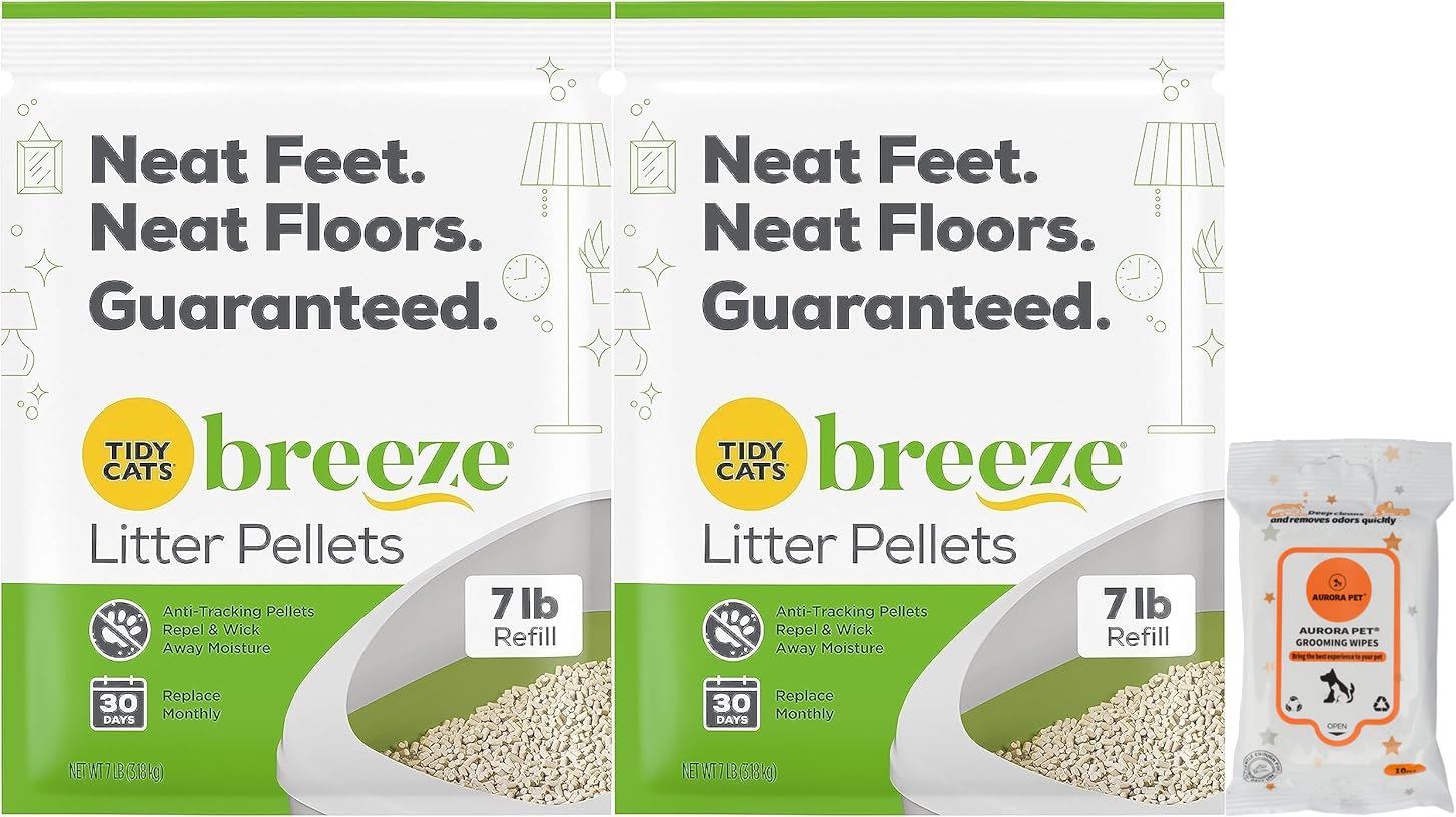 (2 Pack) Tidy Cat Breeze Litter Pellets, 7 Lb Refill With Aurora Pet Wipes