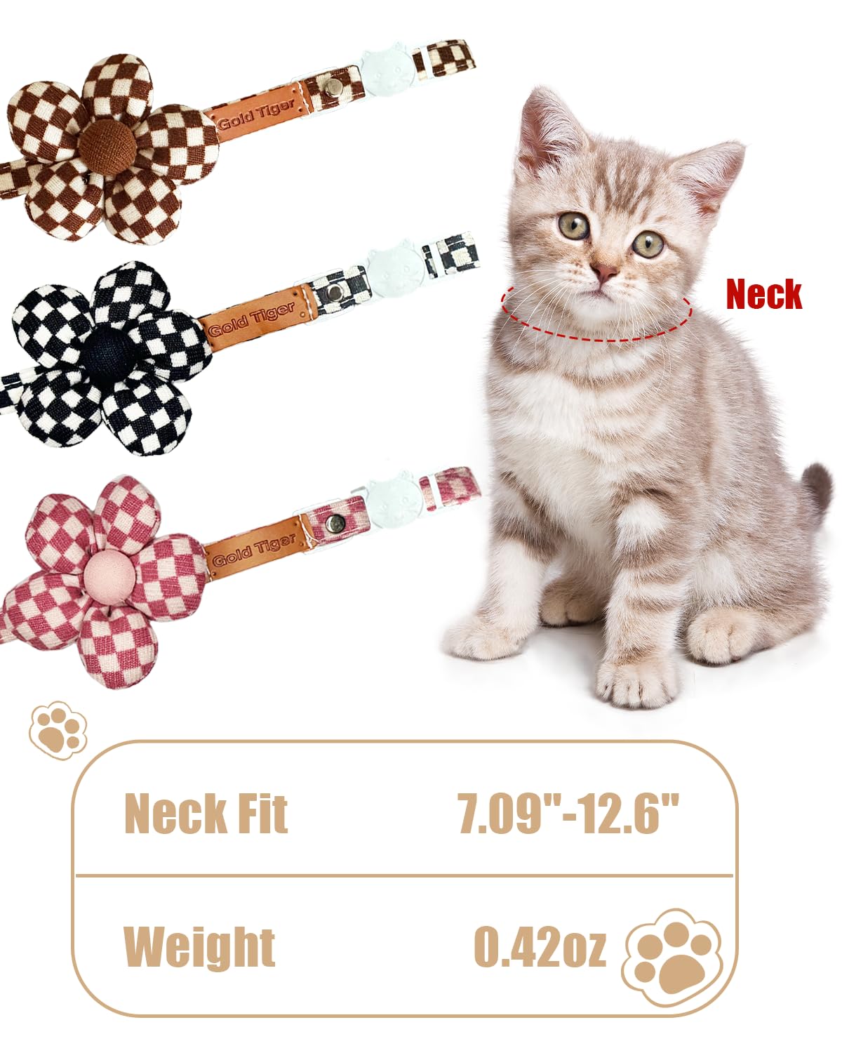 Goldtiger Stylish Black And White Checkered Cat Collar With Flower - Breakaway Safety Collar And Adjustable Size 7.09-12.6 Inche