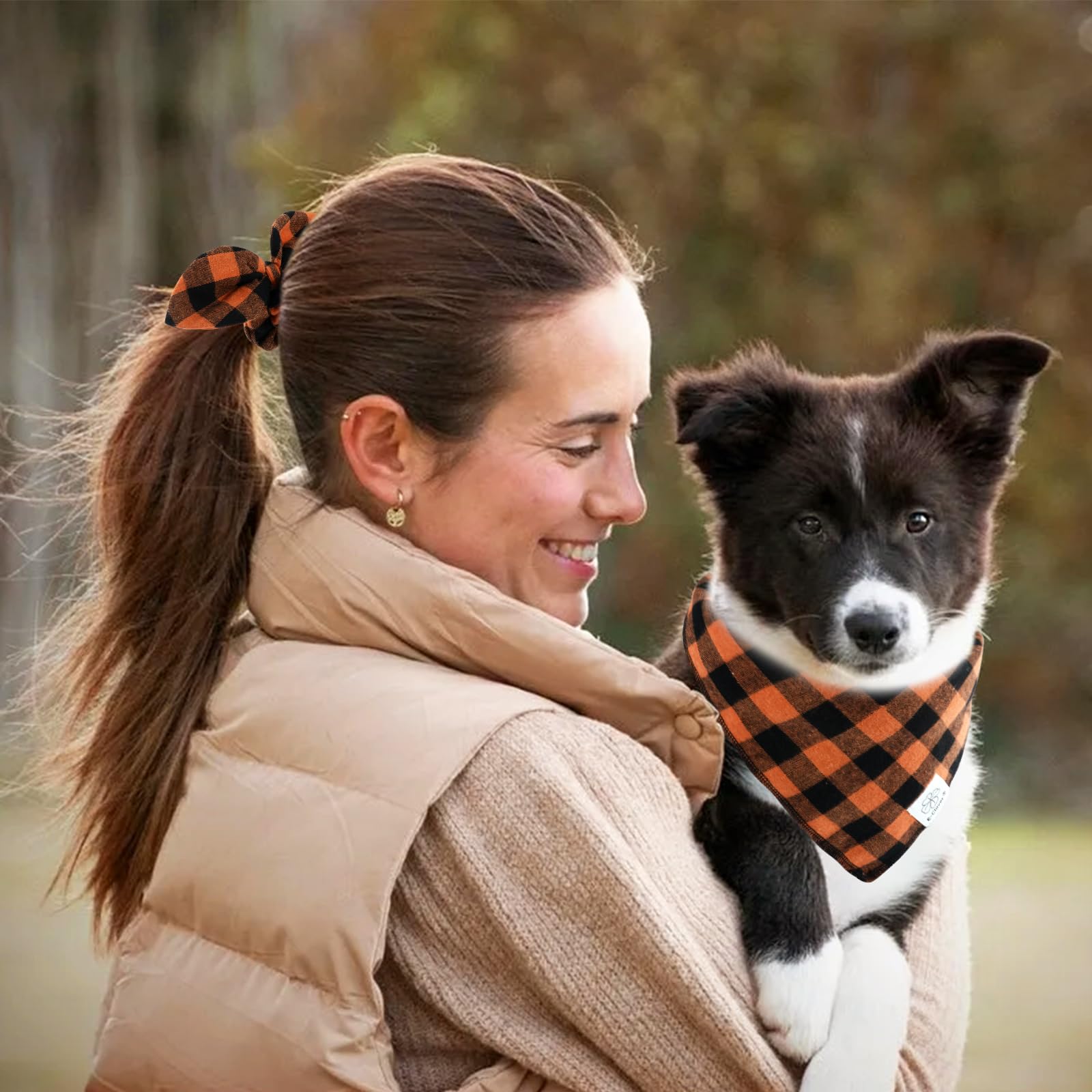 E-Clover Dog Bandana & Matching Scrunchie-Orange Black Dog Bandanas Plaid Pet Scarf Bib For Medium Large Dogs Girl Boy Owner Gif