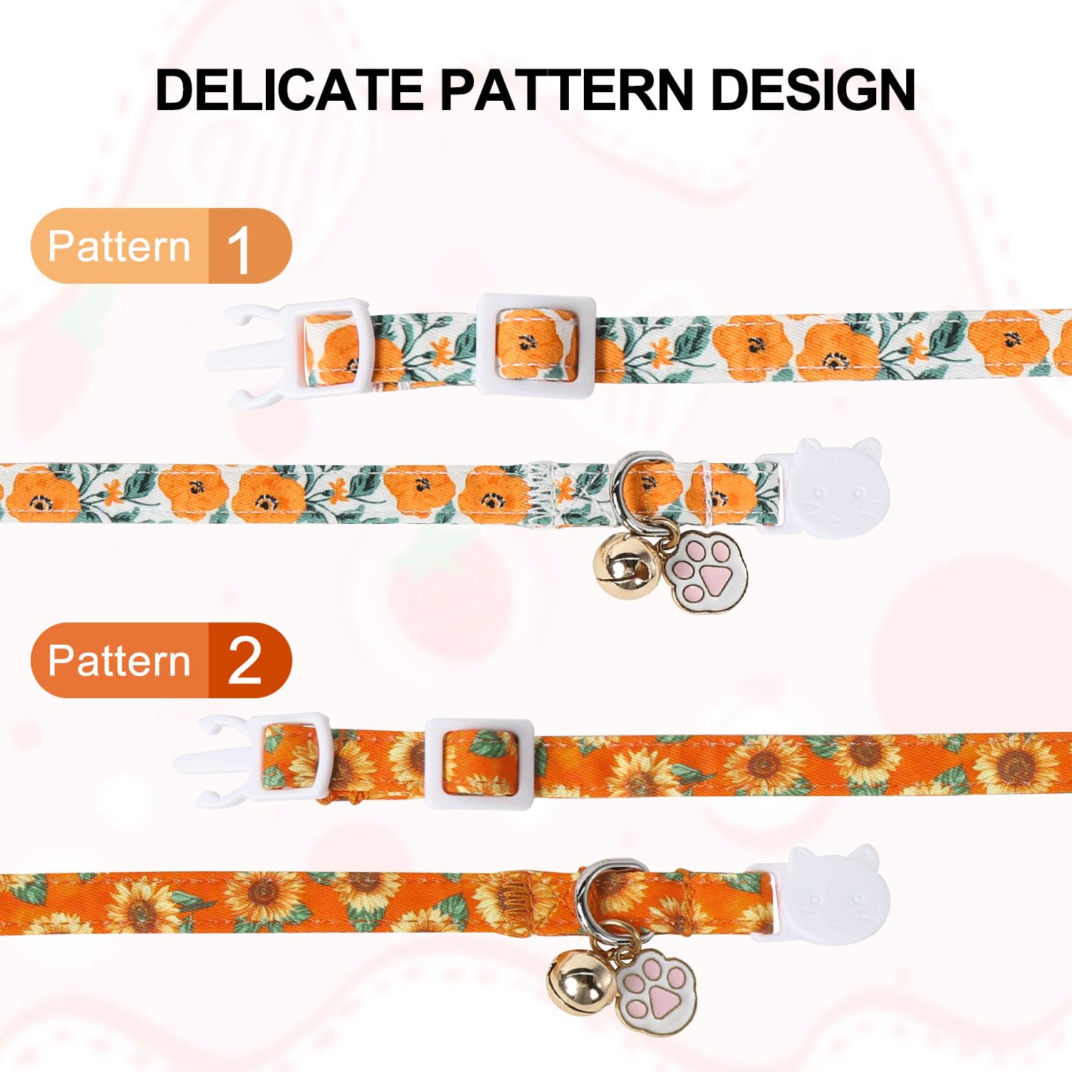 Unique Style Paws Fall Kitten Collar,2 Pack Orange Cat Collar With Sunflower Pattern,Breakaway Cat Collar With Bell,Cute Paw Pen