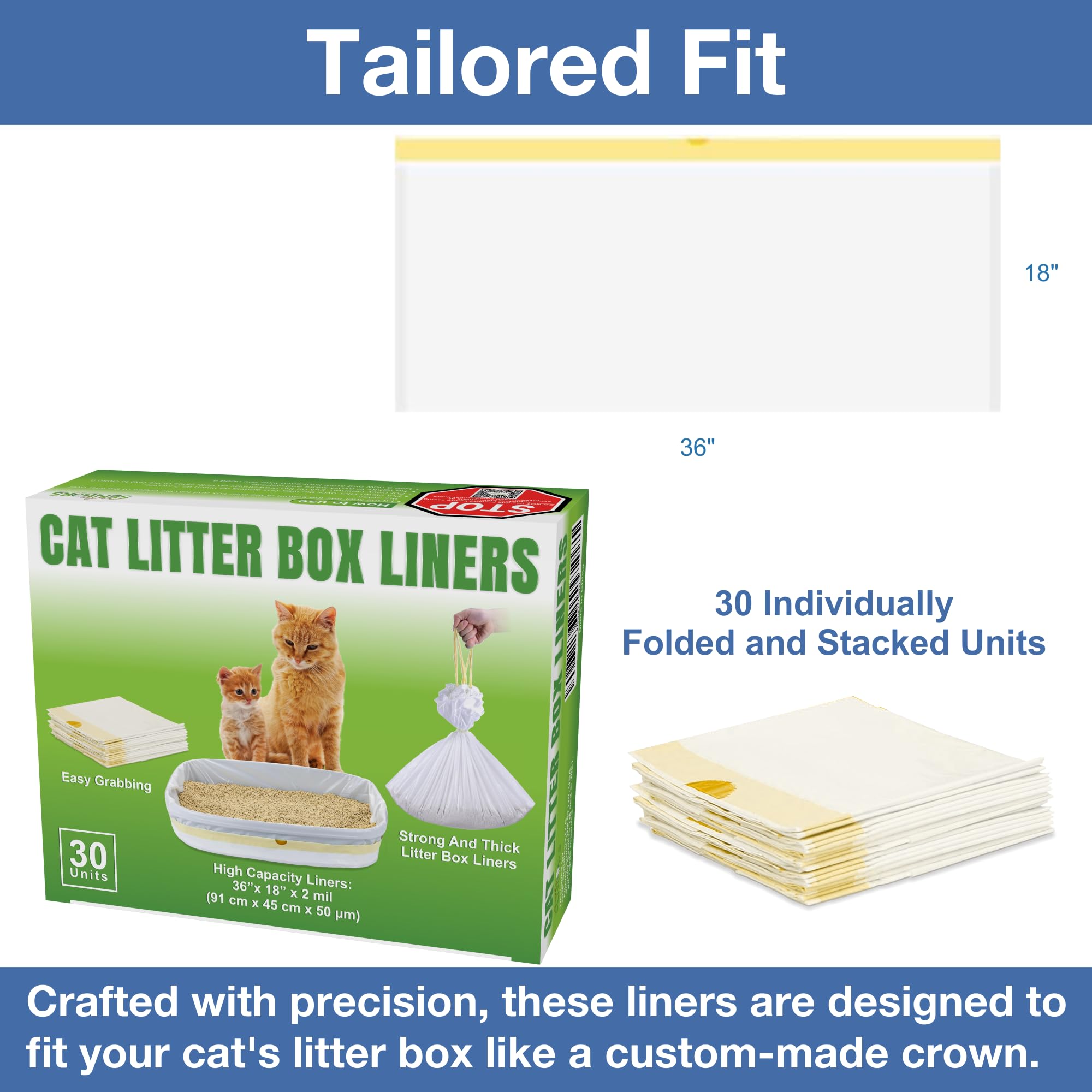 Cat Litter Box Liners - 30 Extra Large Strong & Thick Litter Liners For Mess-Free Cleanup - Jumbo Size - Conveniently Folded No