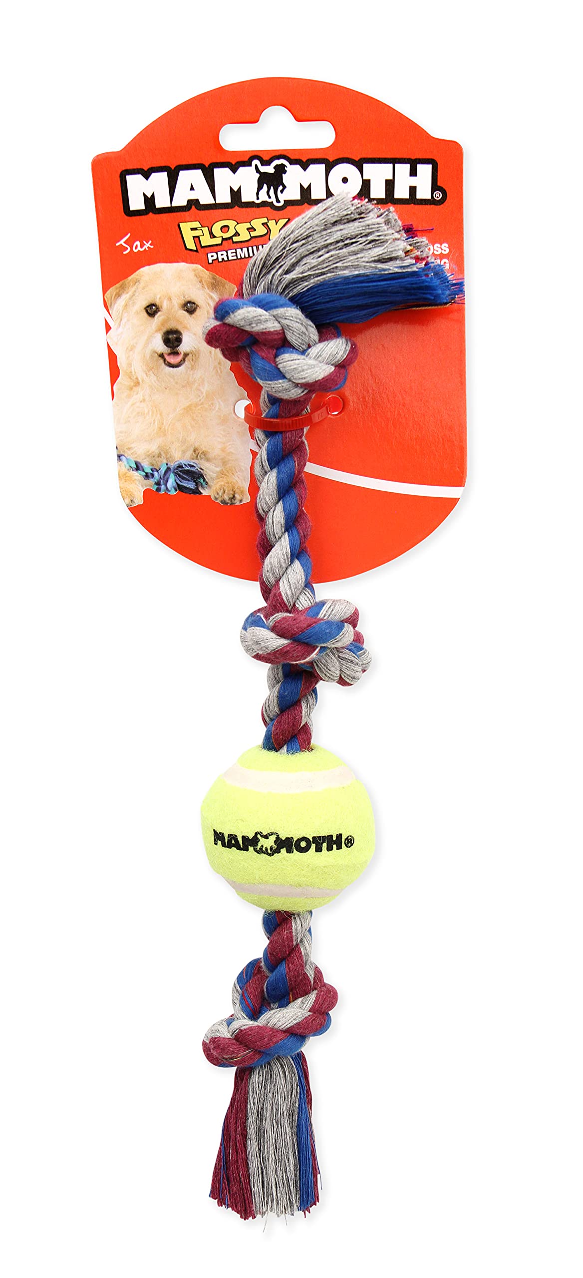 Mammoth Flossy Chews Color 3 Knot Tug W/Mini Tennis Ball - Premium Cotton-Poly Tug Toy For Dogs - Interactive - Rope Dog Toy For