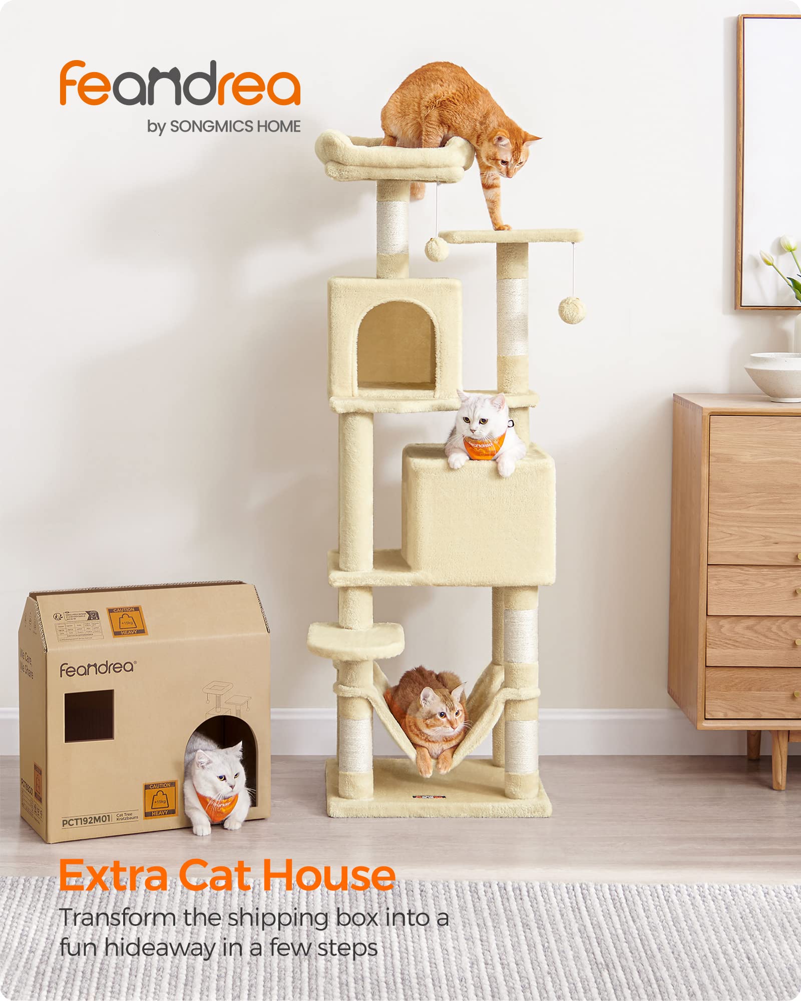 Feandrea Cat Tree, 61-Inch Cat Tower For Indoor Cats, Plush Multi-Level Cat Condo With 5 Scratching Posts, 2 Perches, 2 Caves, Hammock, 2 Pompoms, Beige Upct192M01