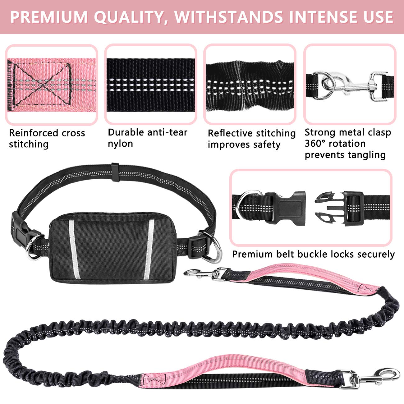 Hands Free Dog Leash Bungee Retractable Dog Running Waist Leash For Running Walking Jogging Training Hiking With Medium To Large Dogs, Adjustable Waist Belt Pouchouch, Reflective Stitches, Dual Handle