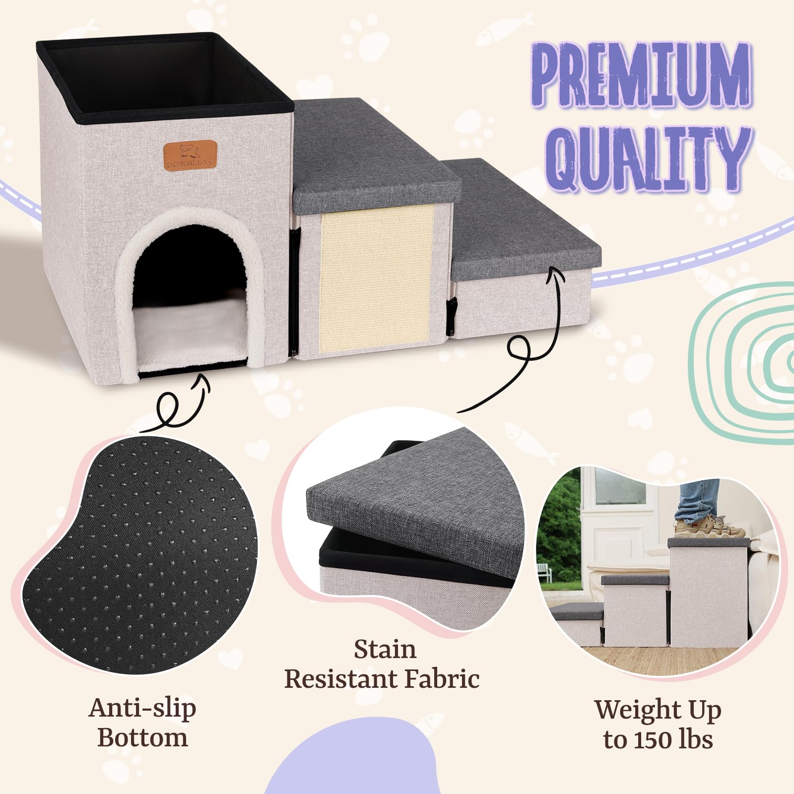 Downluxe Dog Stairs For Small Dogs, Foldable Dog Steps For Bed, Sofa And Chair, Non-Slip Pet Steps With Cat Scratcher And Condo