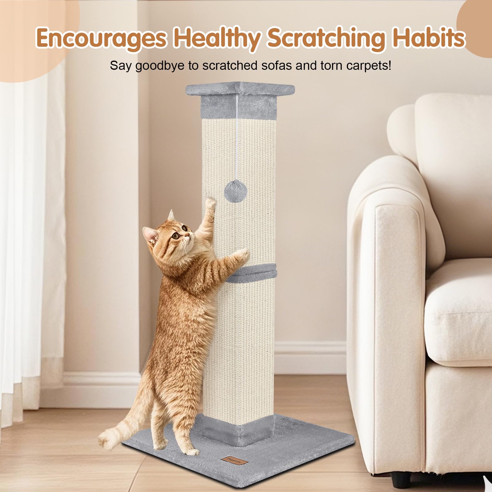 Fopetfy Cat Scratching Post 33 Inch For Indoor Cats, High Cat Scratch Post Grey, Cat Tree For Full-Body Stretching, Protect Your