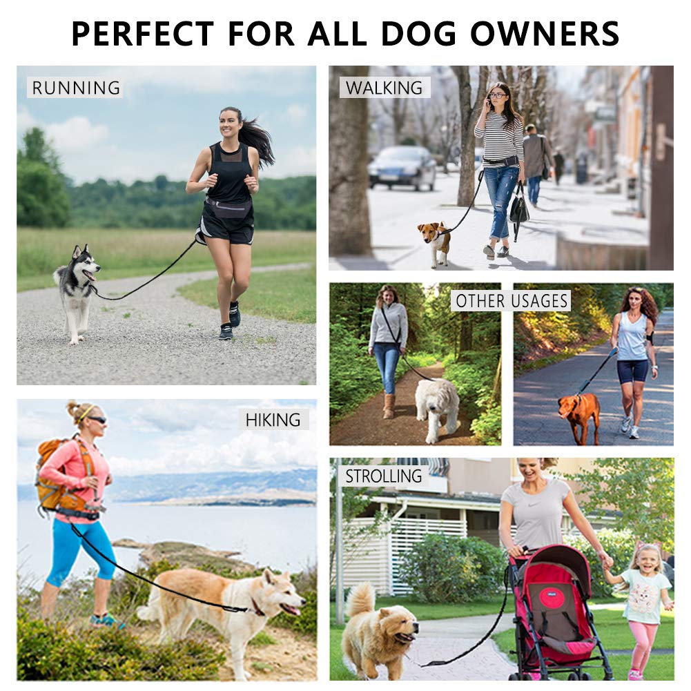 Hands Free Dog Leash Bungee Retractable Dog Running Waist Leash For Running Walking Jogging Training Hiking With Medium To Large Dogs, Adjustable Waist Belt Pouchouch, Reflective Stitches, Dual Handle