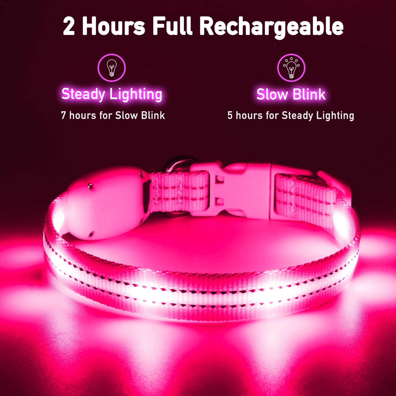 Pzrlit Light Up Dog Collars For Small Medium Large Dogs, Adjustable Led Dog Collar, Rechargeable Soft Glow Collar For Dog Cat Night Walking, Pink