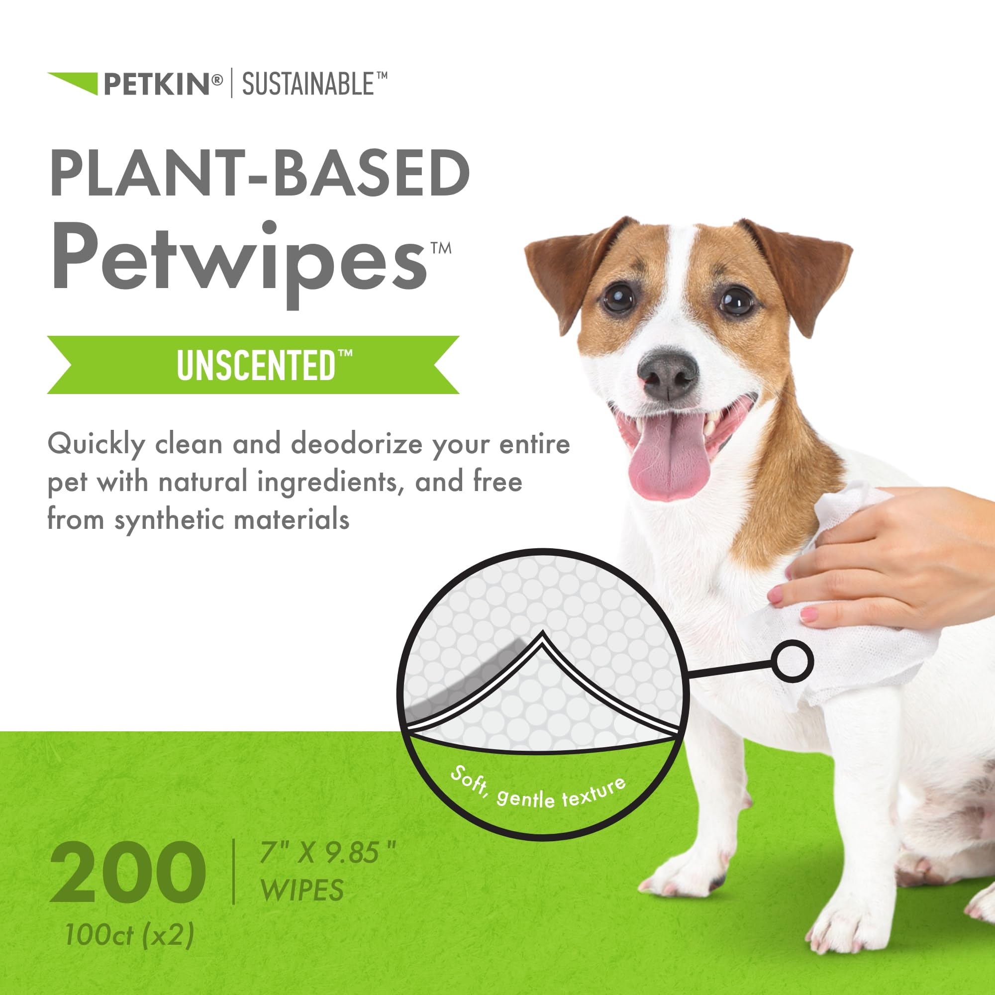 Petkin Plant-Based Petwipes, 100 Wipes, 2 Pack - Biobased, Sustainable, Big & Thick Pet Wipes For Dogs & Cats - For Face, Paws,