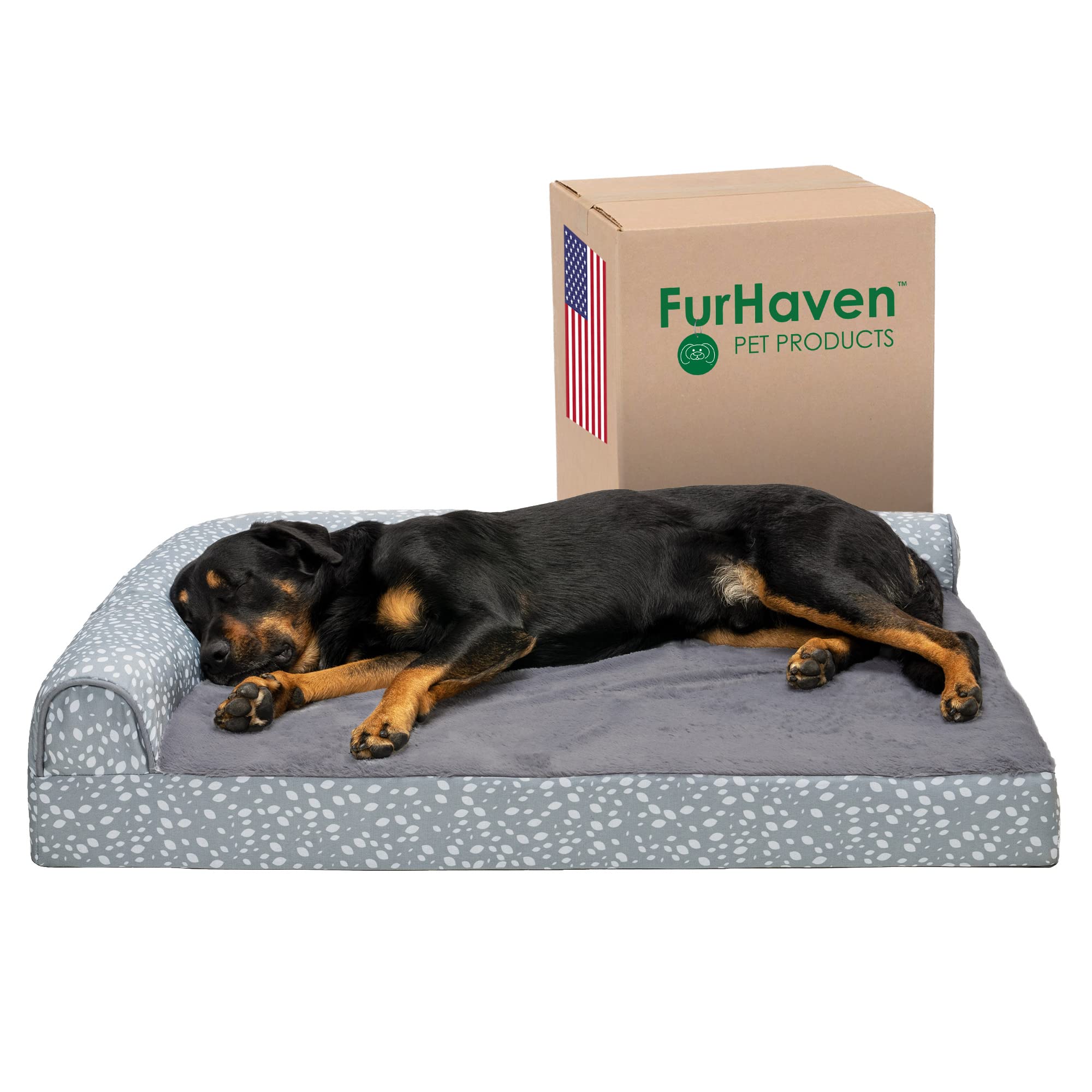 Furhaven Orthopedic Dog Bed For Large Dogs W/ Removable Bolsters & Washable Cover, For Dogs Up To 95 Lbs - Plush & Almond Print L Shaped Chaise - Gray Almonds, Jumbo/Xl