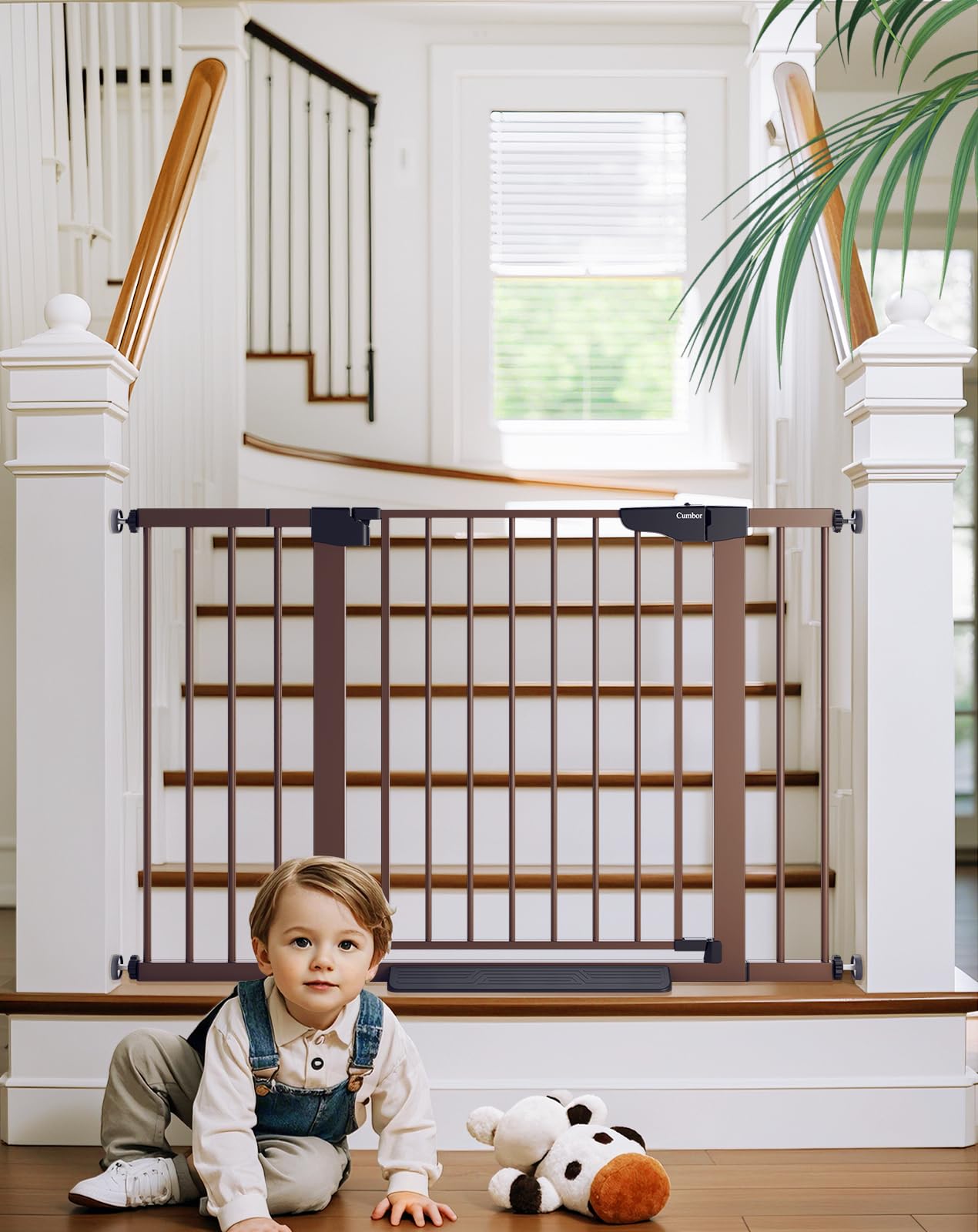 Cumbor 29.7-48' Baby Gate For Stairs, Mom'S Choice Awards Winner-Dog Gate For Doorways, Auto Close Safety Pet Gate For Dogs Indoor, Easy Install Pressure Mounted Child Gate With Walk Thru Door, Brown