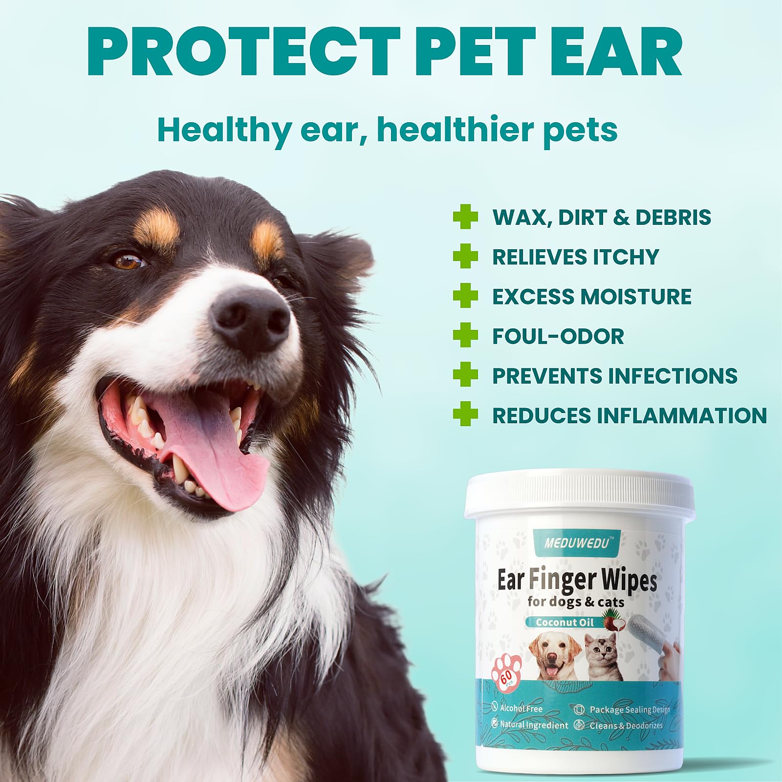MEDUWEDU Wider Ear Cleaner Finger Wipes 60 Counts, Dog Ear Cleaner, Grooming Kit Care for Dogs and Cats,Otic Cleaning Pads, Remo