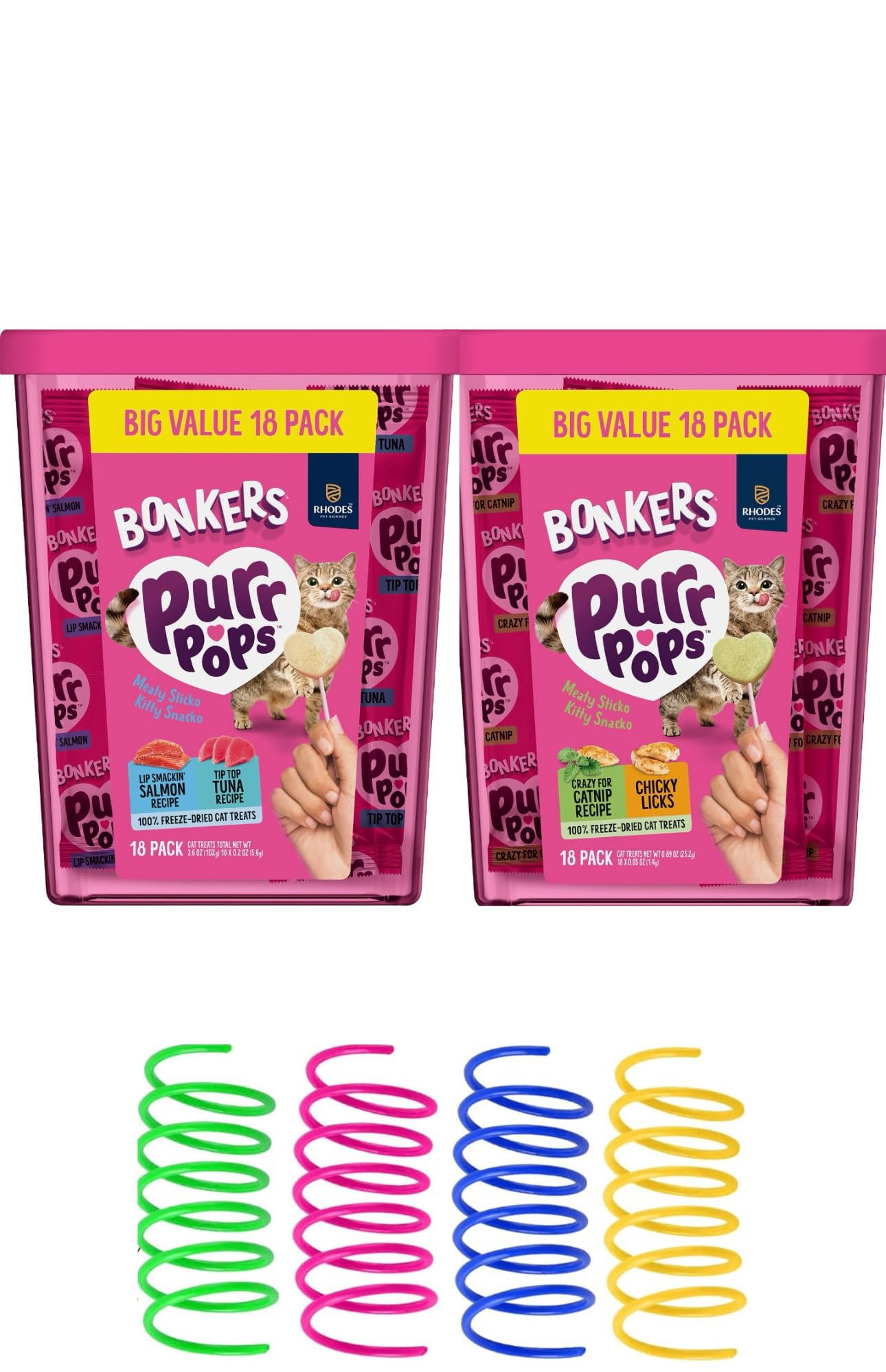 Bonkers Purrpops Freeze-Dried Cat Treats, 2-18 Pack Variety Bundle with Salmon & Tuna, Catnip & Chicken Flavors, Plus 4 Cat Spri
