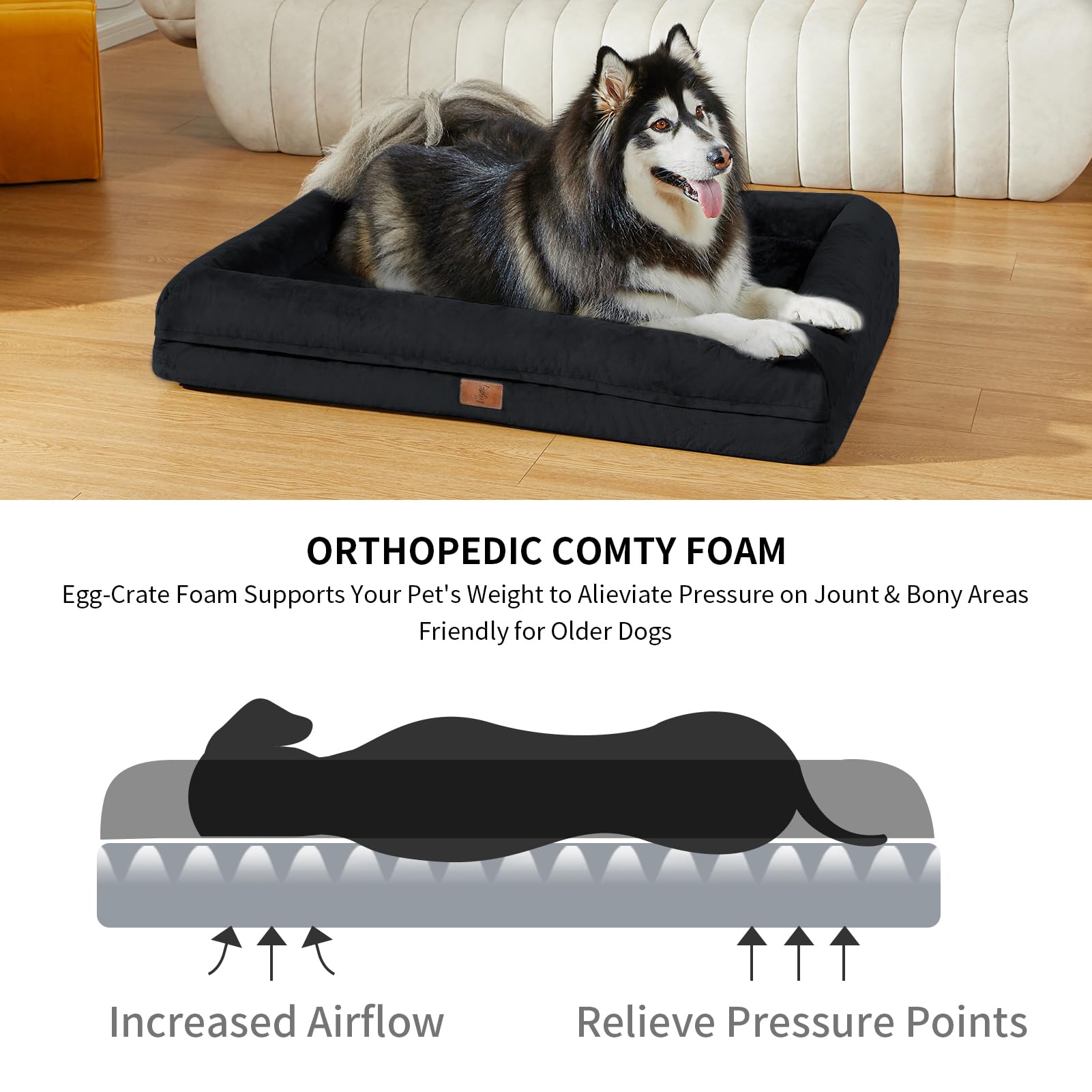 Yiruka Large Dog Bed, Black Orthopedic Dog Bed, Waterproof Dog Bed With Removable Cover, 4-Sides Removable Bolster Dog Soft Sofa Bed With Nonskid Bottom, Washable Dog Beds For Large Dogs