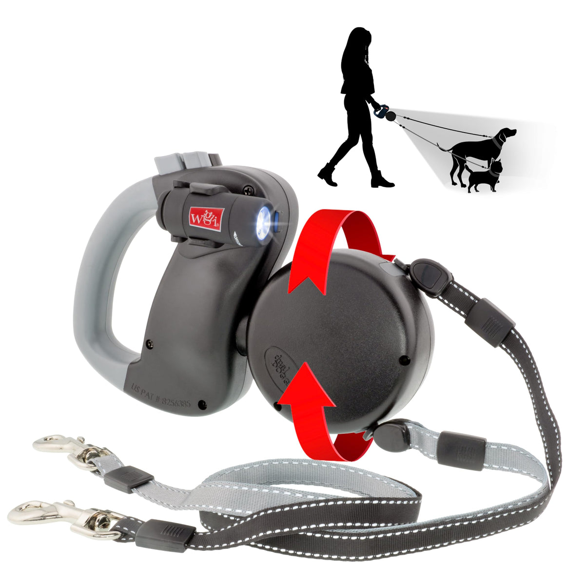 Wigzi - 2025 Edition - 2 Dog Retractable Leash With Light (L.E.D), No Tangle 360 Technology, Independent Braking Each Dog Up To 50Lbs Each Dog With 10 Ft Reflective Leads For Safety