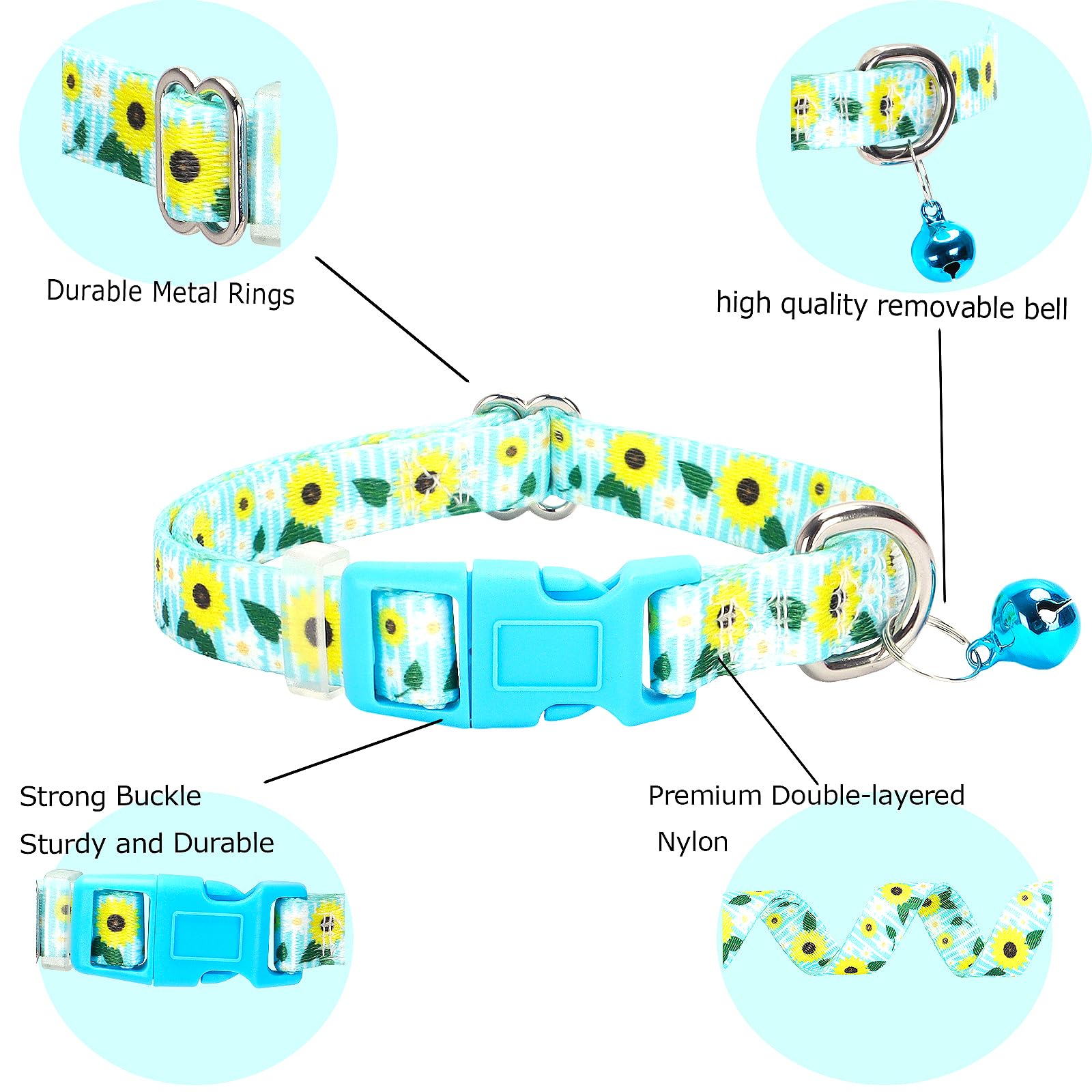 Sunflower Small Dog Collar With Bell, Soft Adjustable Bull Sunflower Puppy Collar Tiny Cat Collars With Bells For Xs Small Girl