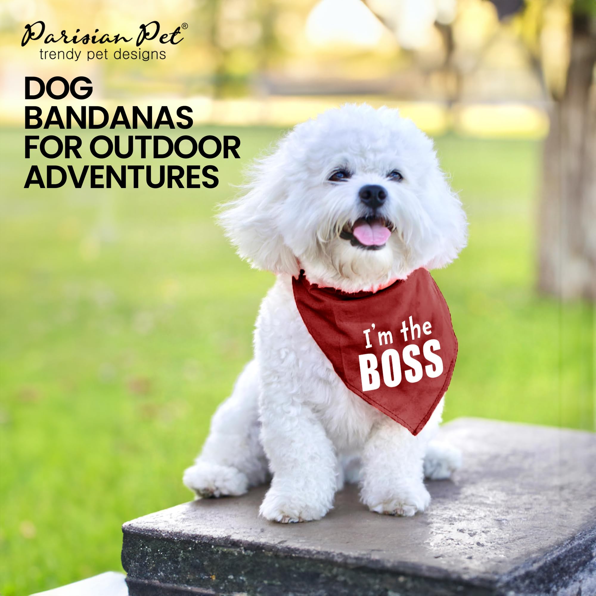 Parisian Pet Unisex Dog Bandanas With Printed ' I'M The Boss' Word - Classy Tie-On Adjustable Boss Dog Bandana - Dog Scarf For Large Dogs - Washable Triangle Dog Bib - Red Handkerchief For Pets - L
