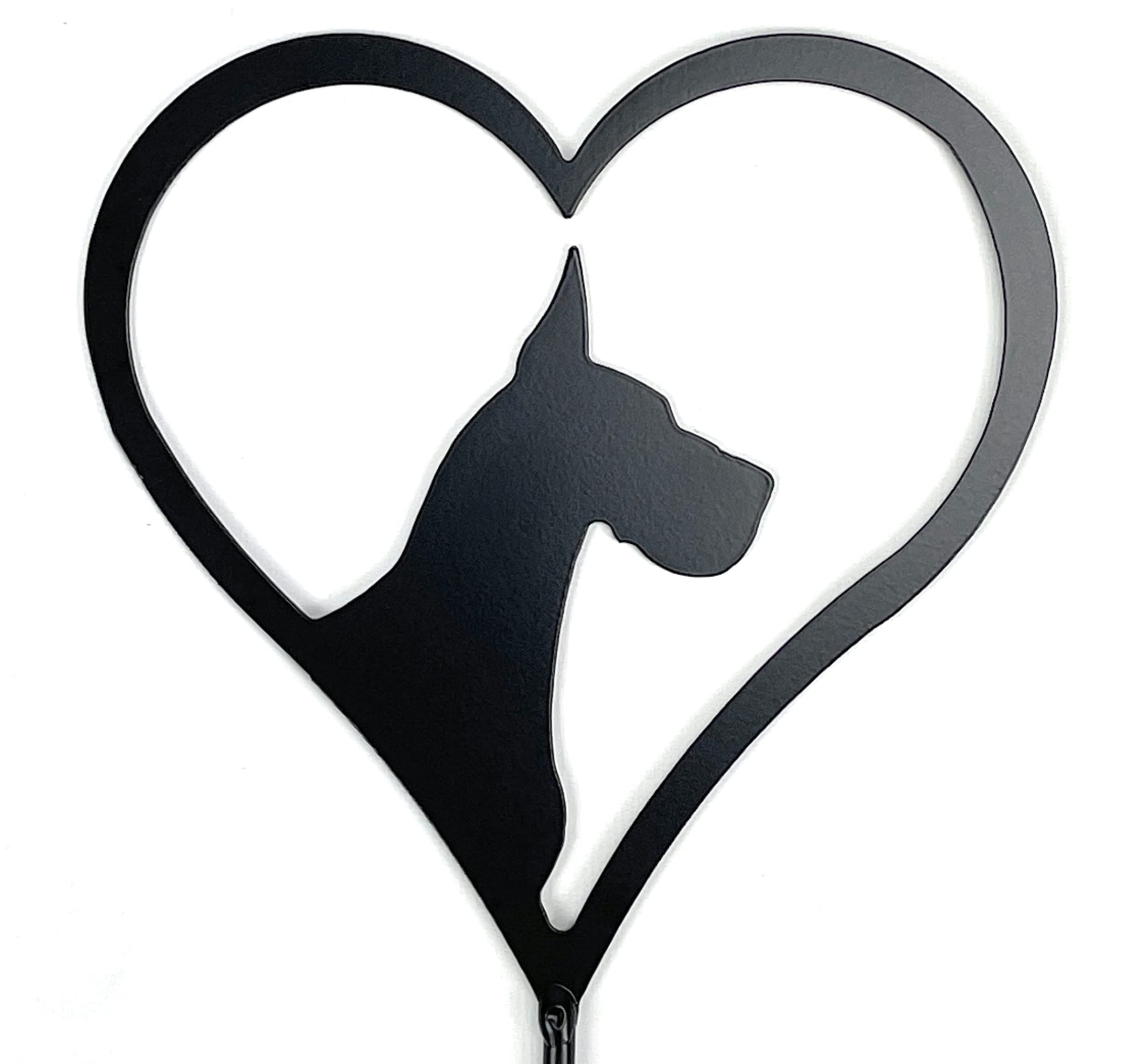 Great Dane Silhouette Metal Art Heart Shaped Gift Yard Stake Grave Marker Powder Coated Black