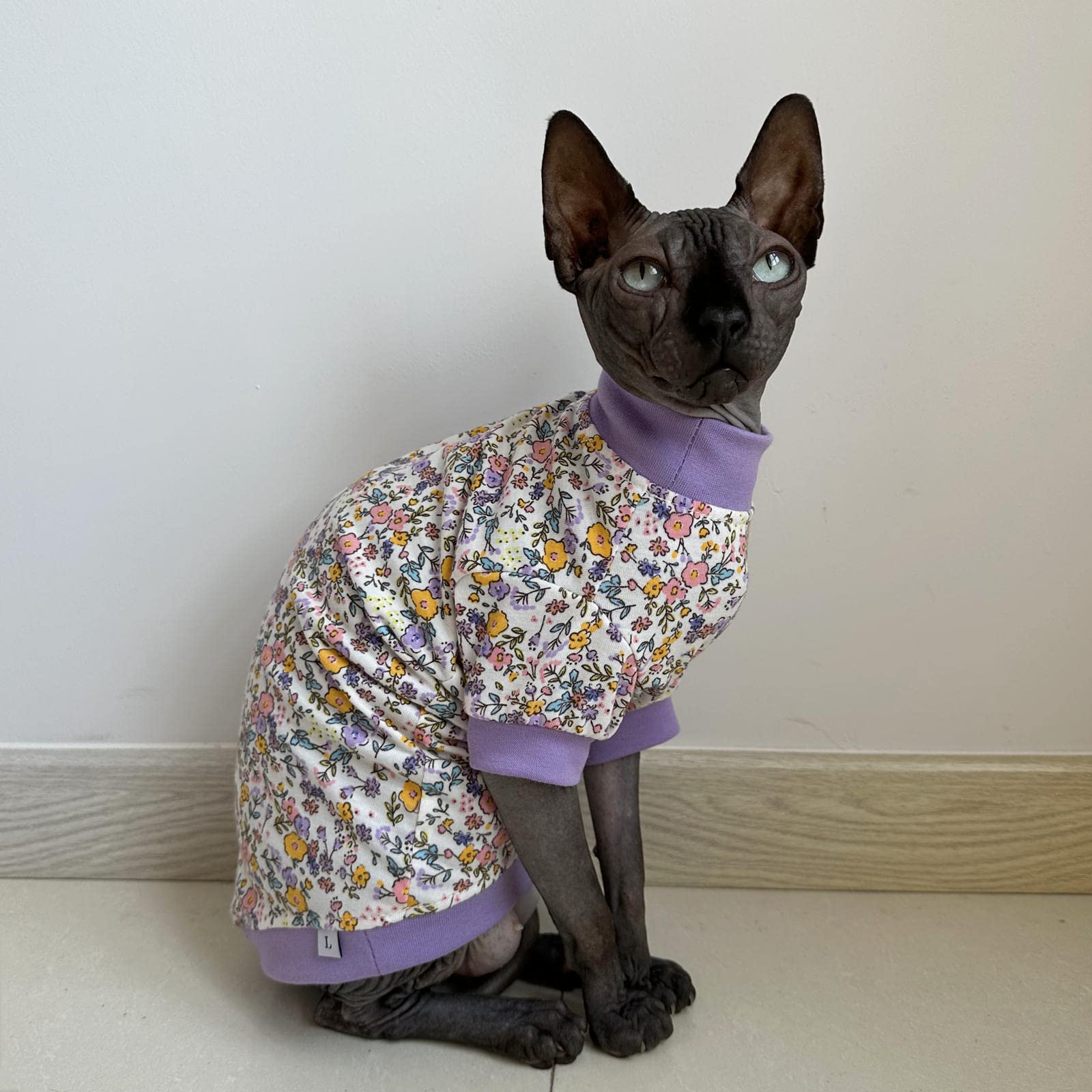Sphynx Hairless Cat Cute Summer Cotton T-Shirts Pet Clothes,Round Collar Kitten Shirts Cats Apparel (Flor Do Campo, X-Large (Pac