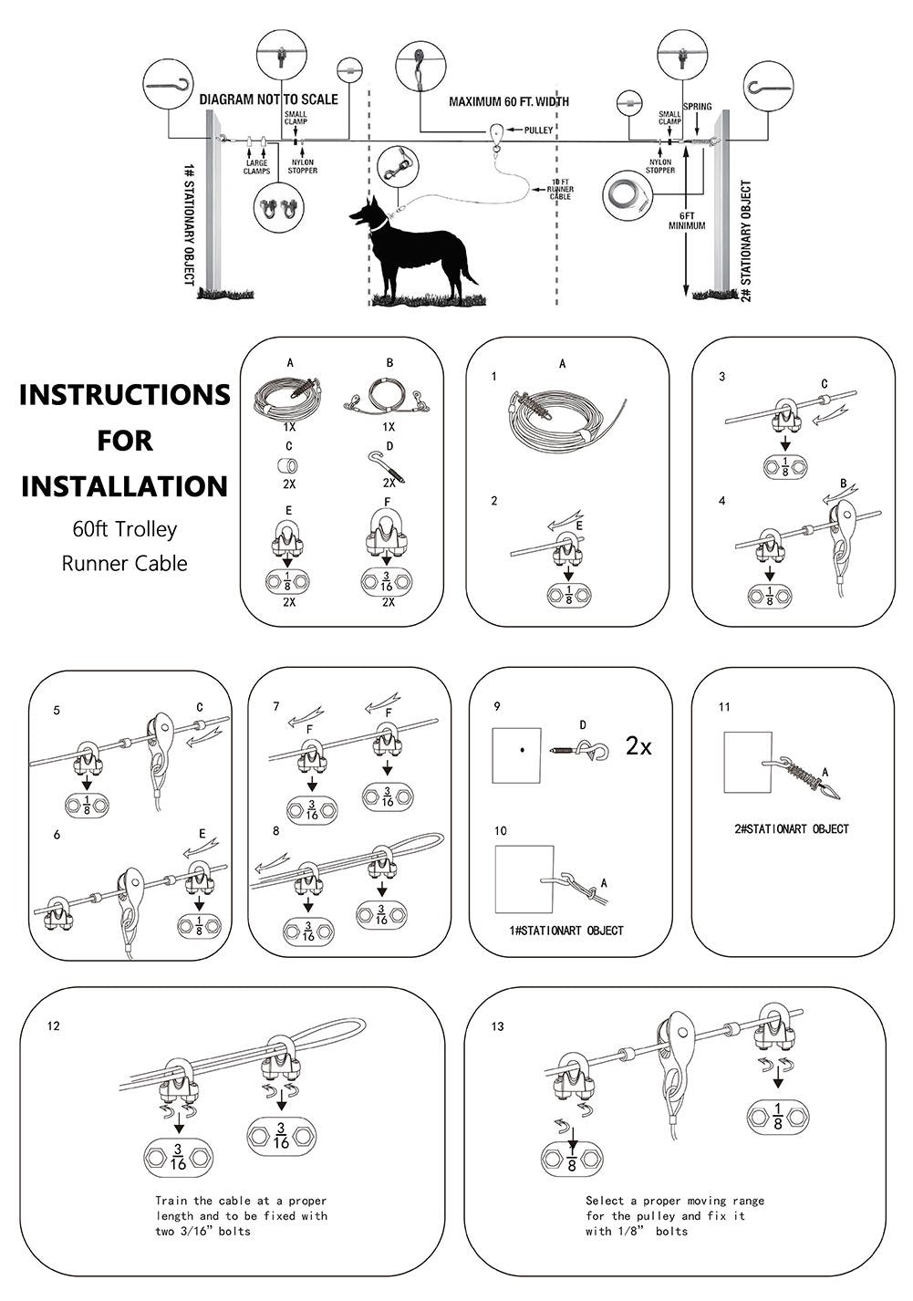 Petest 60Ft Trolley Runner Cable For Heavy Dogs Up To 125 Pounds