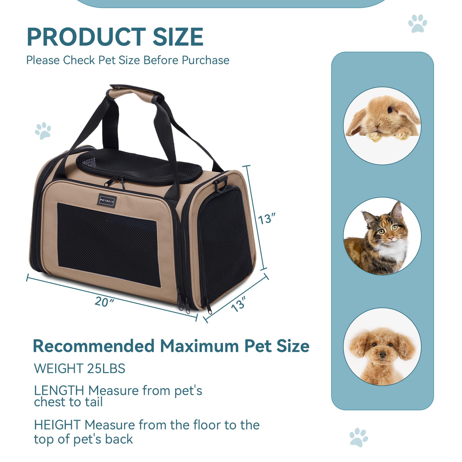 Petsfit Dog Carrier Cat Carriers For Puppies, Medium Cats Up To 25Lbs, Travel Soft Sided Pet Carrier (Large, Khaki)