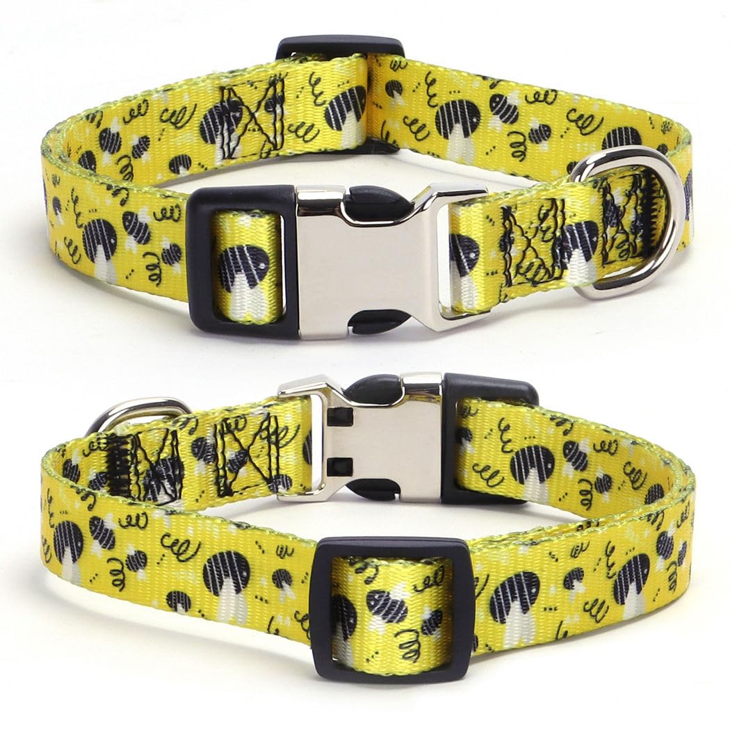 Yellow Dog Collars For Small Dogs, Pretty Pattern Bumble Bee Dog Collar Metal Buckle Durable Soft Boy Puppy Collars For Xsmall S