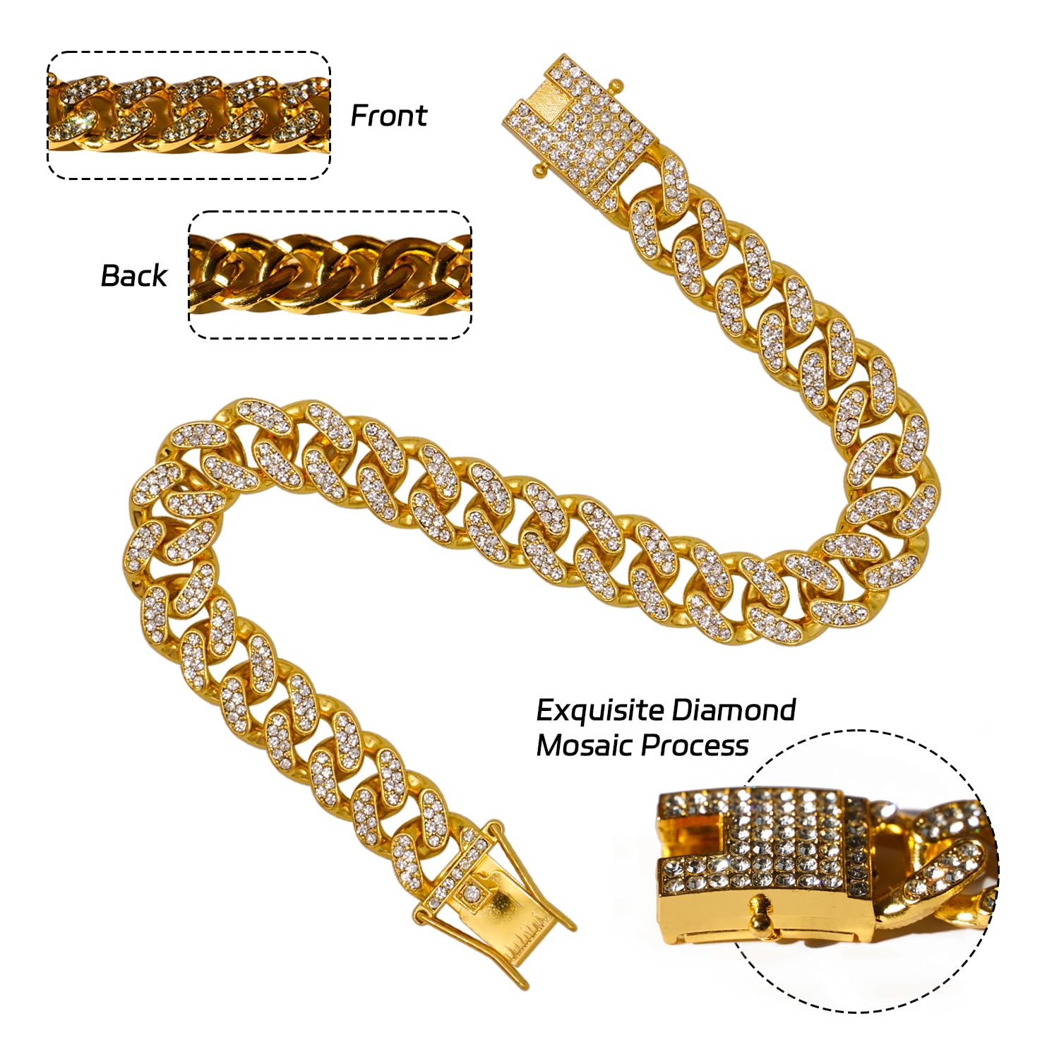 Dog Chain Diamond Collar 18K Gold Plated Walking Metal Chain 12 Mm Wide Necklace With Secure Buckle Pet Cuban Style Collar Jewel
